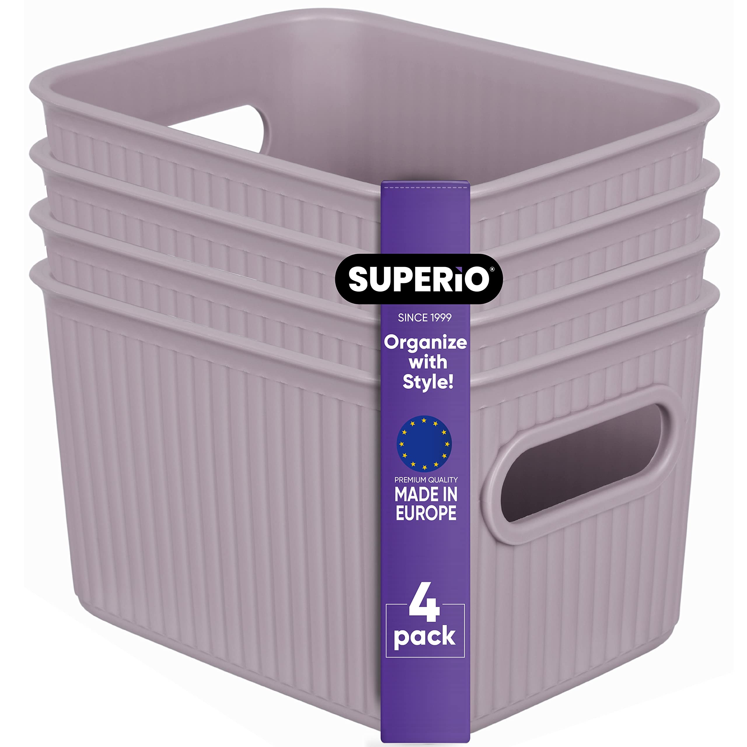 Superio Ribbed Collection - 4 Pack Decorative Plastic Storage Bins, Open Home Organizer Baskets in Small Lilac Purple (1.5 Liter) - Perfect for Closet, Shelf, Drawer & Bathroom Organization - Space Saving Storage Containers for Bedroom, Office & Nursery