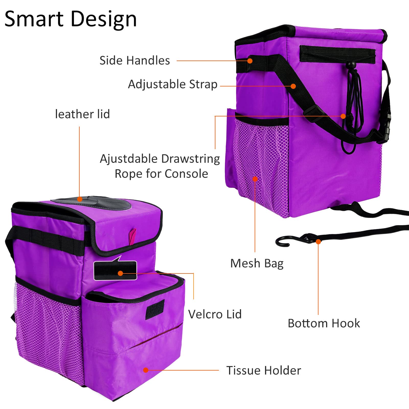 2 Pack Foldable Car Trash Bag - 3 Gallon Leakproof Auto Garbage Bin for Vehicles (Black & Purple) | Ideal for Road Trips, Commuting & Keeping Your Car Clean