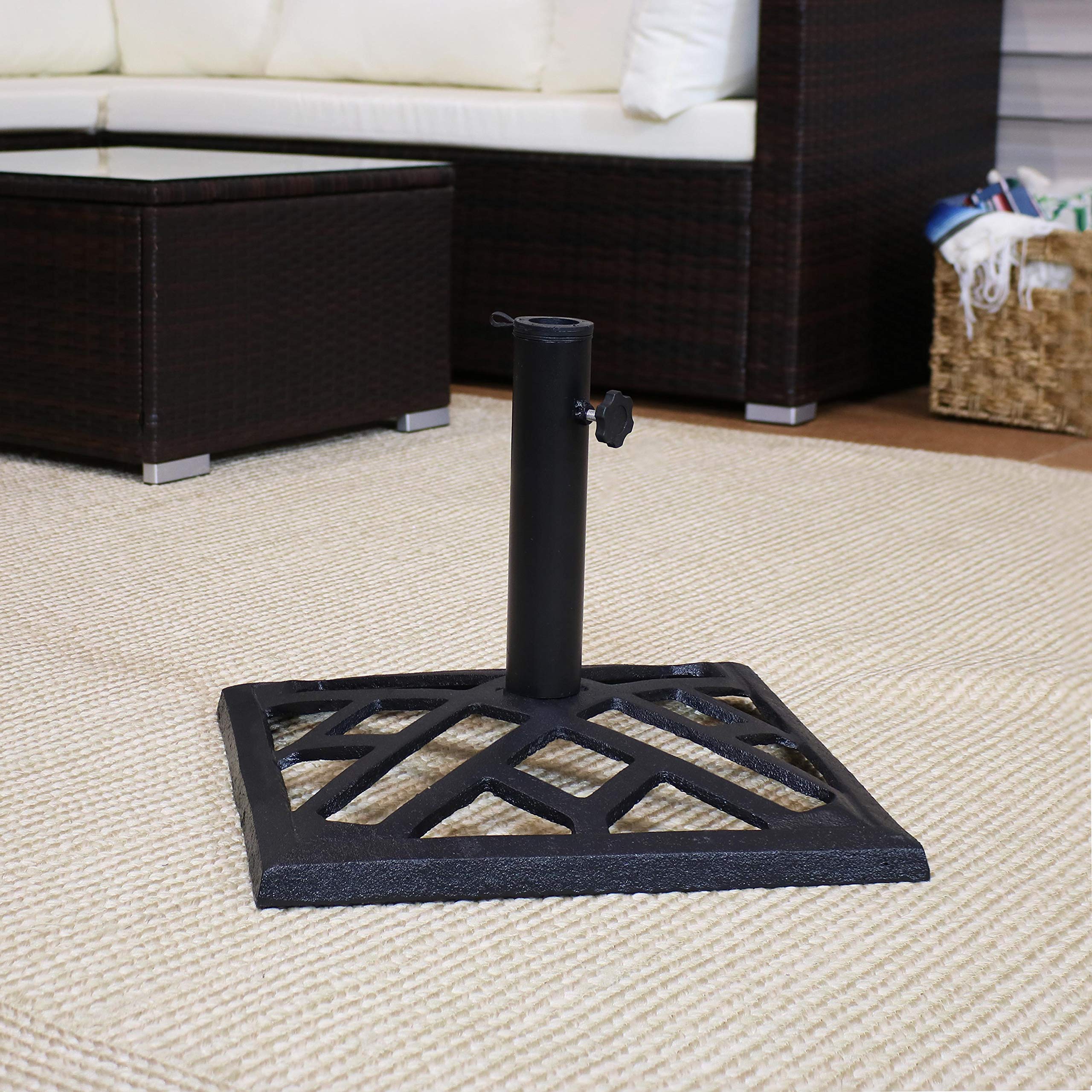 Sunnydaze 17-Inch Square Cast Iron Patio Umbrella Base Stand - Heavy Duty Geometric Design Outdoor Weighted Stand for Market Umbrellas - Perfect for Poolside, Garden, Deck, and Backyard Use