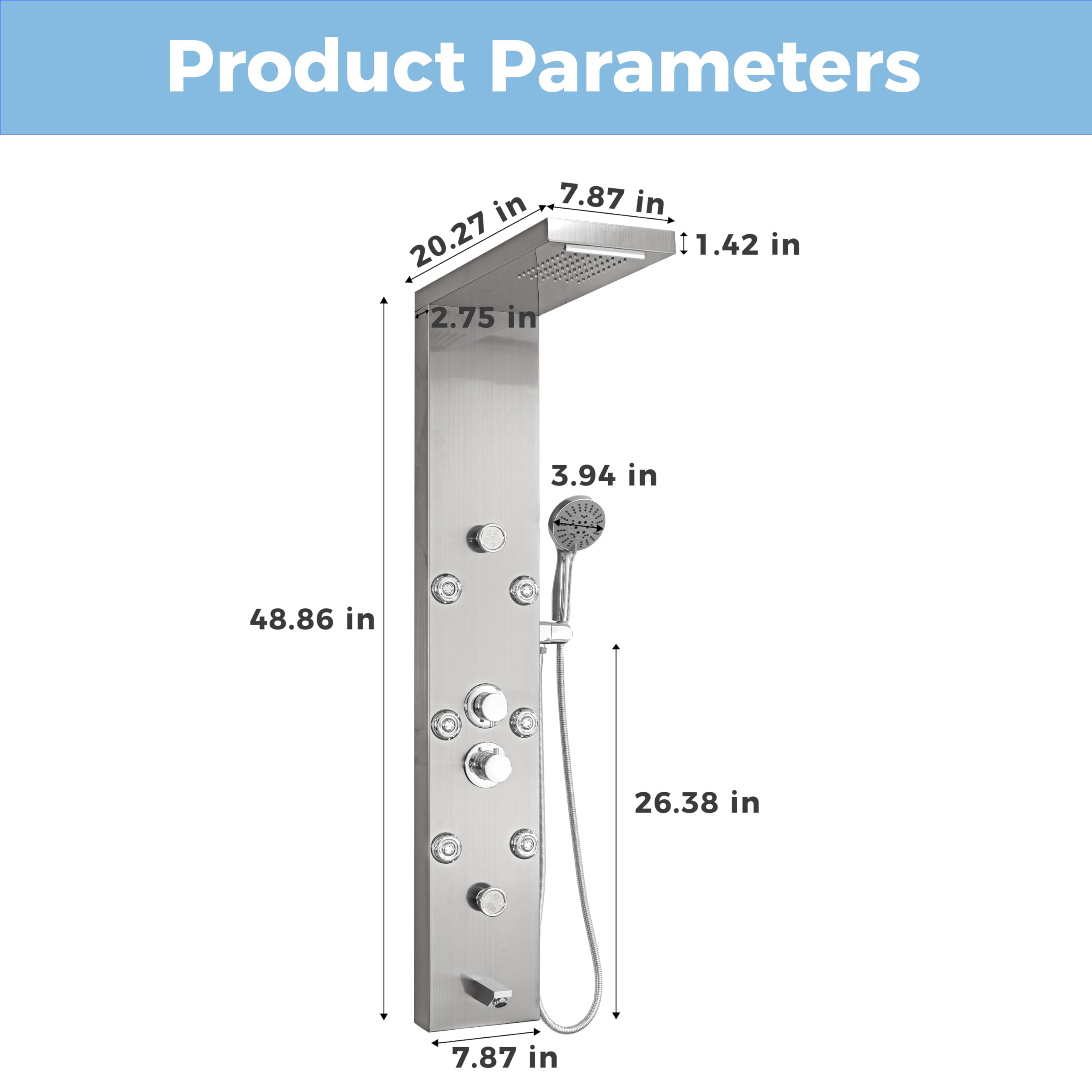 DELAVIN Stainless Steel Shower Panel Tower System - 5-Function Full Body Shower with Rainfall, Waterfall, Massage Jets, Tub Spout & Handheld Showerhead in Brushed Nickel | Perfect for Luxury Bathroom Renovation & Spa-Like Shower Experience