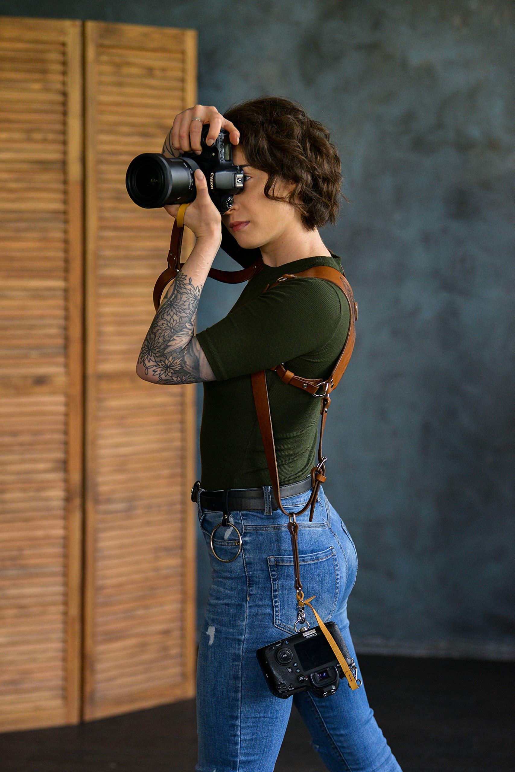 Premium Dual Camera Harness for DSLR/SLR - Soft Lined Leather Two-Camera Strap with Adjustable Straps | Perfect for Photographers, Travel & Outdoor Shooting