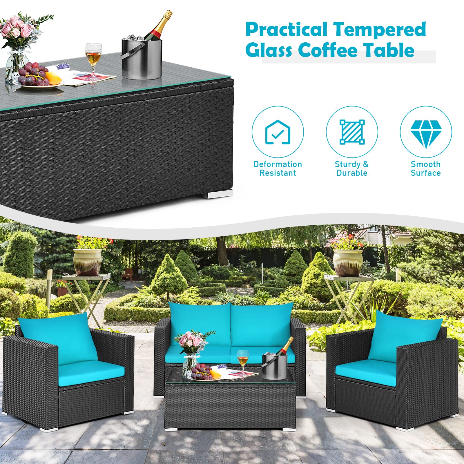 Tangkula 4-Piece Outdoor Patio Furniture Set - Rattan Wicker Sofa Sectional with Cushions & Tempered Glass Coffee Table - Turquoise Conversation Set for Garden, Backyard, Poolside & Courtyard Relaxation