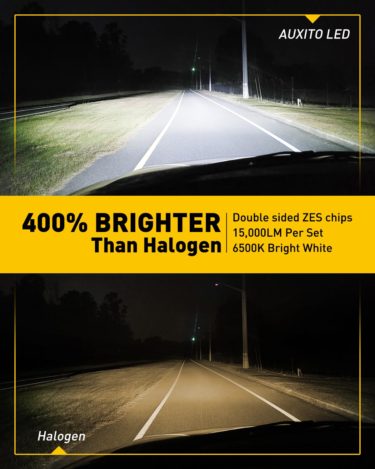 AUXITO HB4 9006 LED Bulbs - 15000LM Super Bright 6500K Cool White Mini Wireless Fog Light Bulbs - Pack of 2 - Direct Replacement for Halogen Bulbs - Perfect for Cars, Trucks, SUVs and Off-Road Vehicles