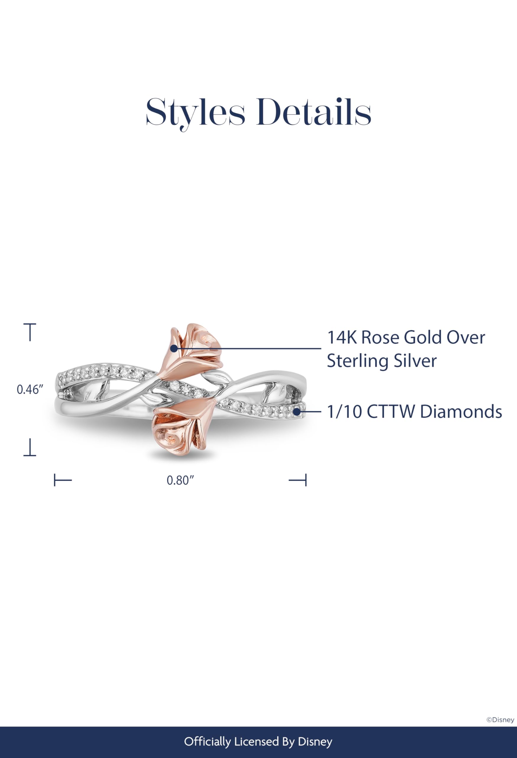 Jewelili Enchanted Disney Belle Rose Fashion Ring - 14K Rose Gold over Sterling Silver with 1/10 Cttw Diamond | Elegant Jewelry Gift for Women, Perfect for Anniversaries, Birthdays & Special Occasions