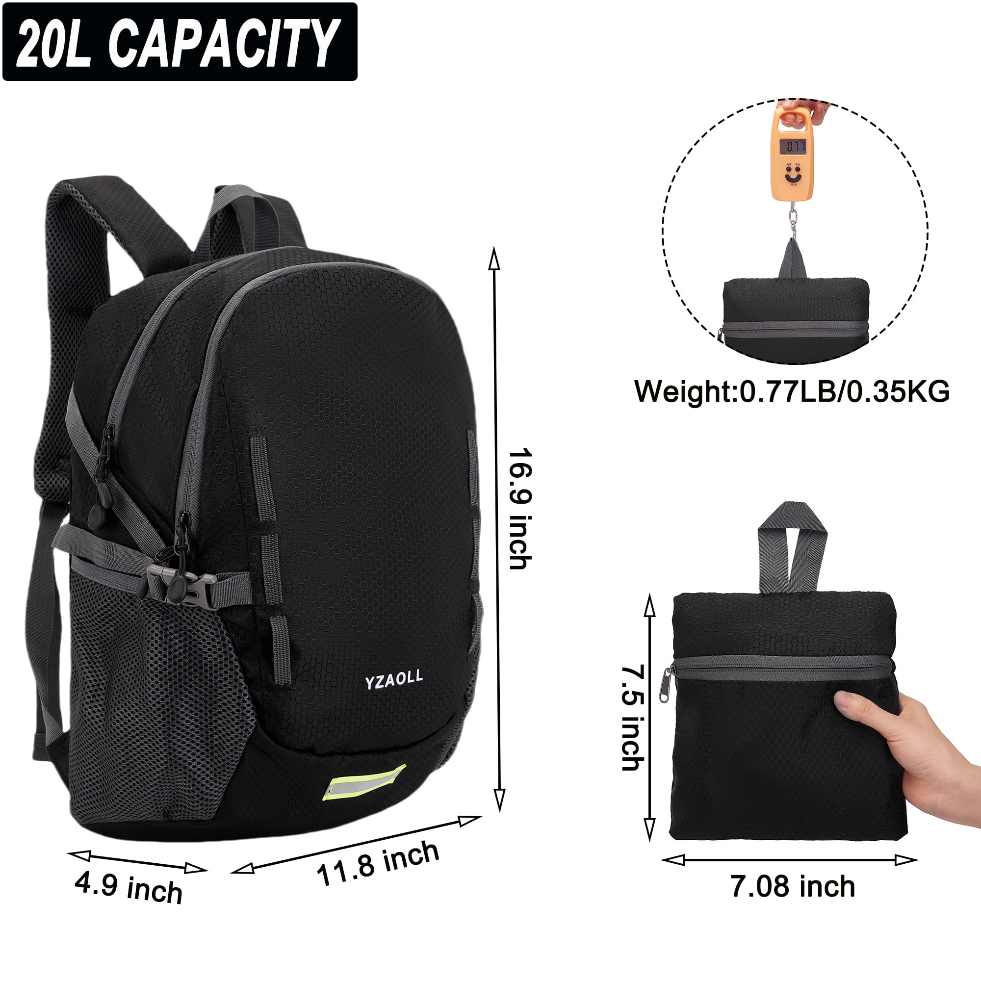 YZAOLL Ultra Lightweight Packable Backpack 20L - Foldable Water Resistant Daypack for Women & Men - Perfect for Travel, Hiking, Camping & Daily Commute