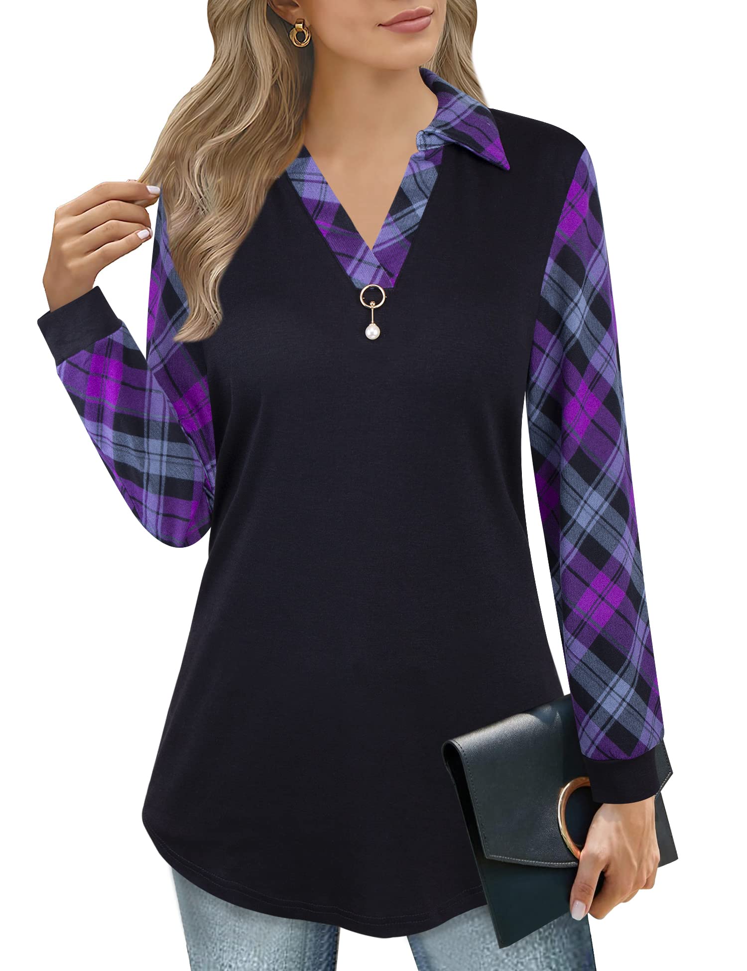 Siddhe Women's Long Sleeve Tunic Tops - Lapel V-Neck Blouse Shirts for Business Casual Wear | Office, Work, Date Night & Everyday Outfits