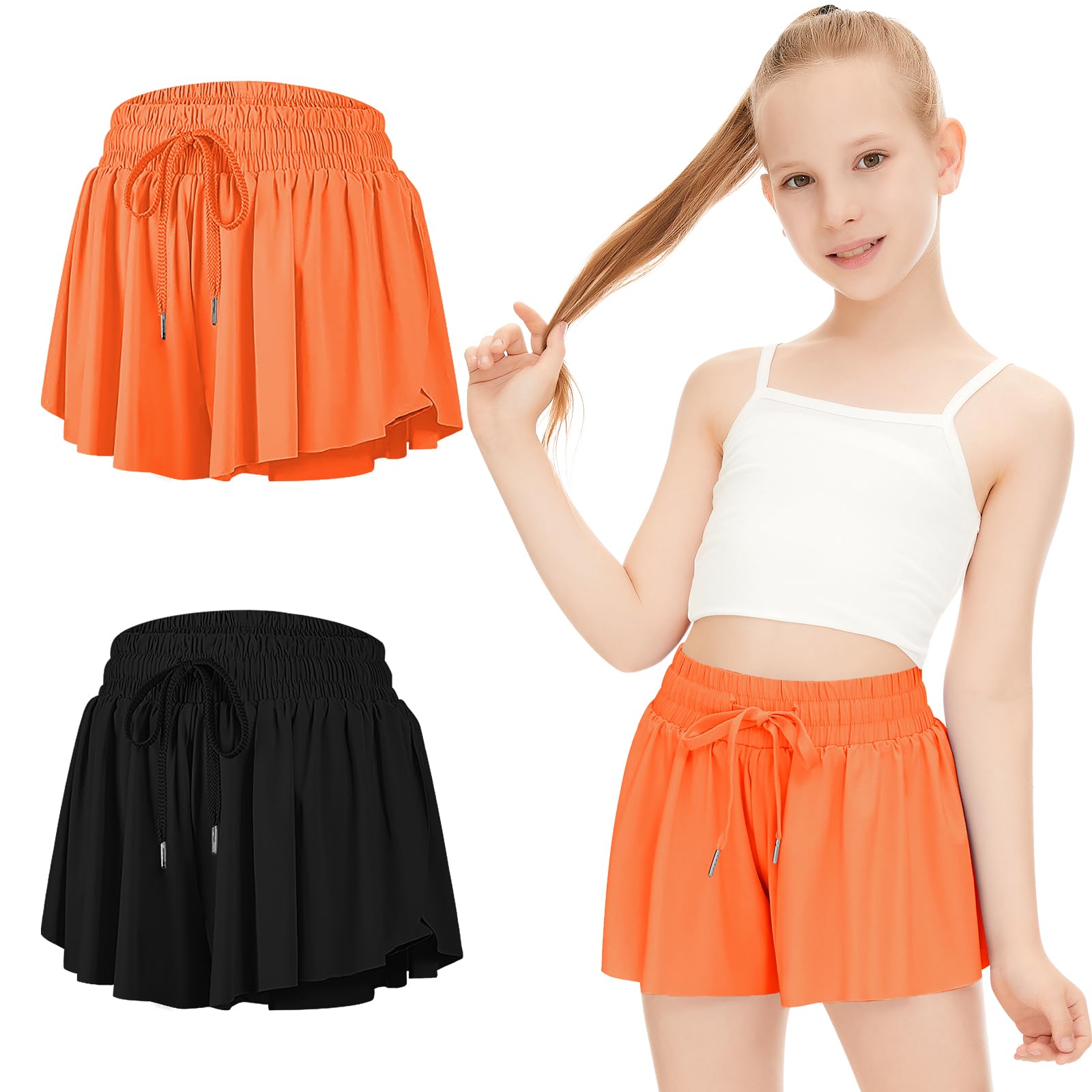 Butterfly Print Girls' Athletic Shorts with Pockets - 2-in-1 Running Shorts for Kids - Perfect for Sports, Play & Summer Activities