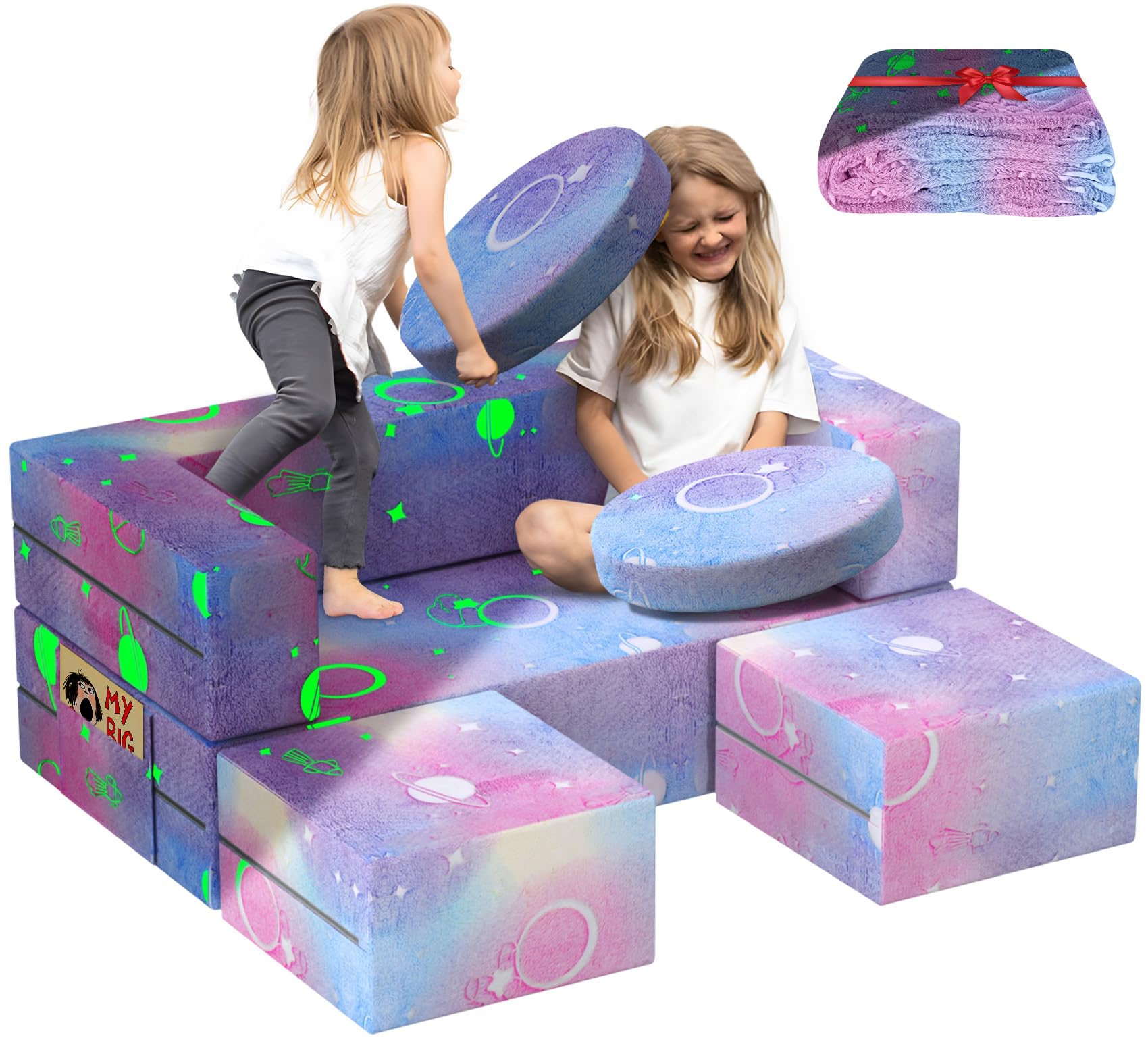 BIERUM Kids Couch - 6PCS Modular Play Sofa with Glow Effects & Blanket, Convertible Toddler Couch for Girls Boys - Perfect for Playroom, Nursery, Indoor Play & Family Movie Nights