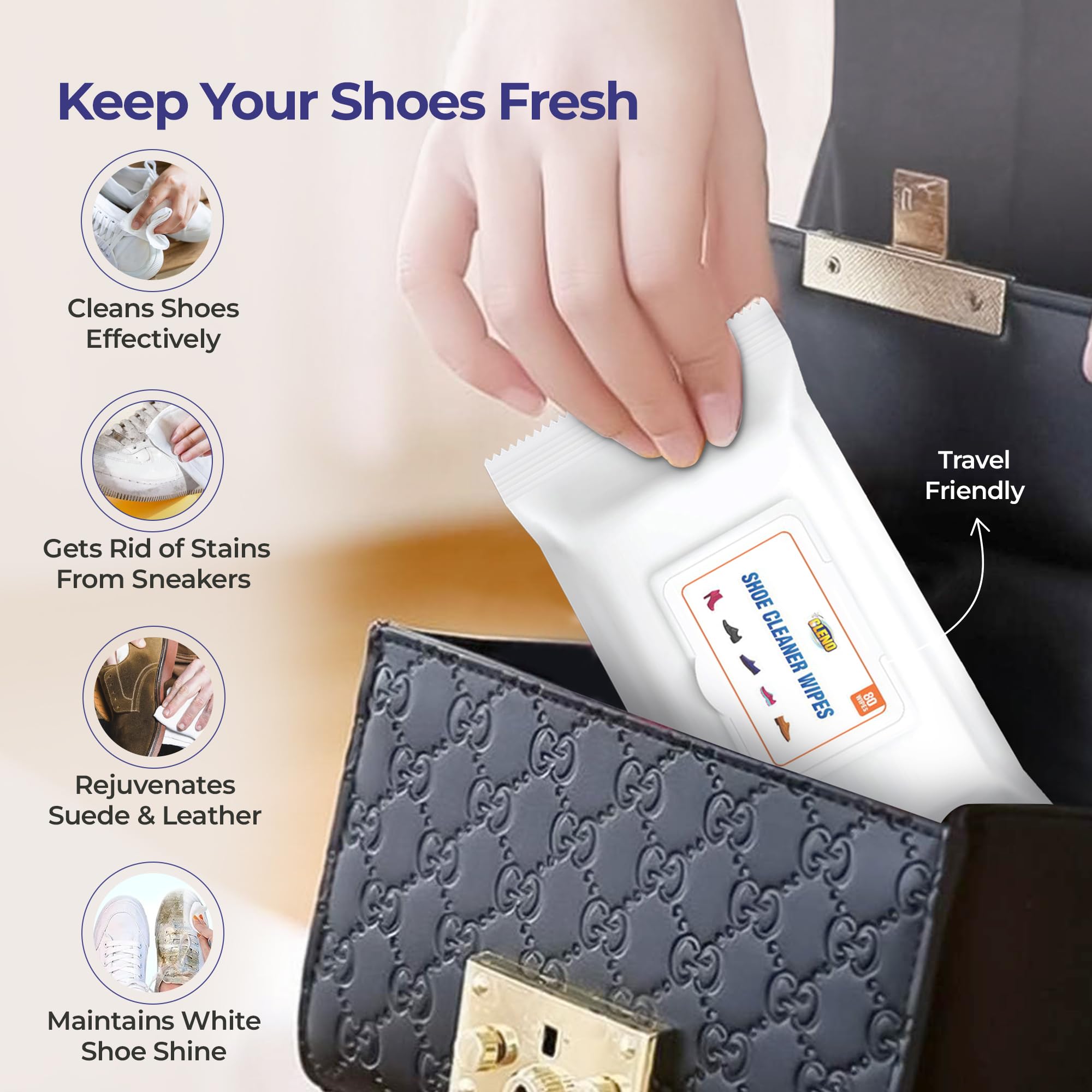 Cleno Shoe Cleaner Wipes - 80 Count | Quick & Easy Cleaning for Sneakers, Loafers, Sandals & Athletic Shoes | Removes Dirt, Mud & Stains | Perfect for Golf, Tennis & Everyday Use | Ready to Use Wet Wipes
