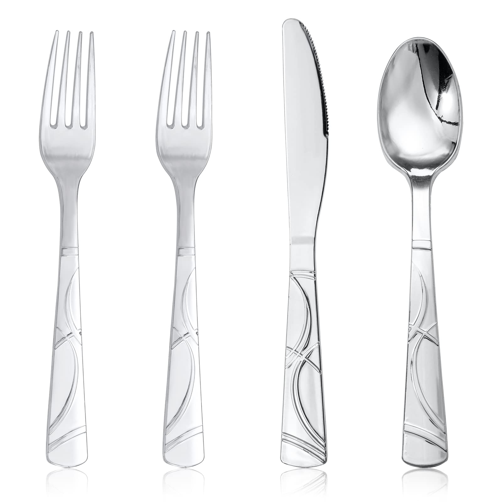 MirthMood 180-Piece Silver Plastic Cutlery Set - Disposable Silverware for Parties, Events & Holidays (60 Forks, 60 Knives, 60 Spoons) - Elegant Plastic Flatware for New Year Celebrations, Weddings, BBQs & Catering