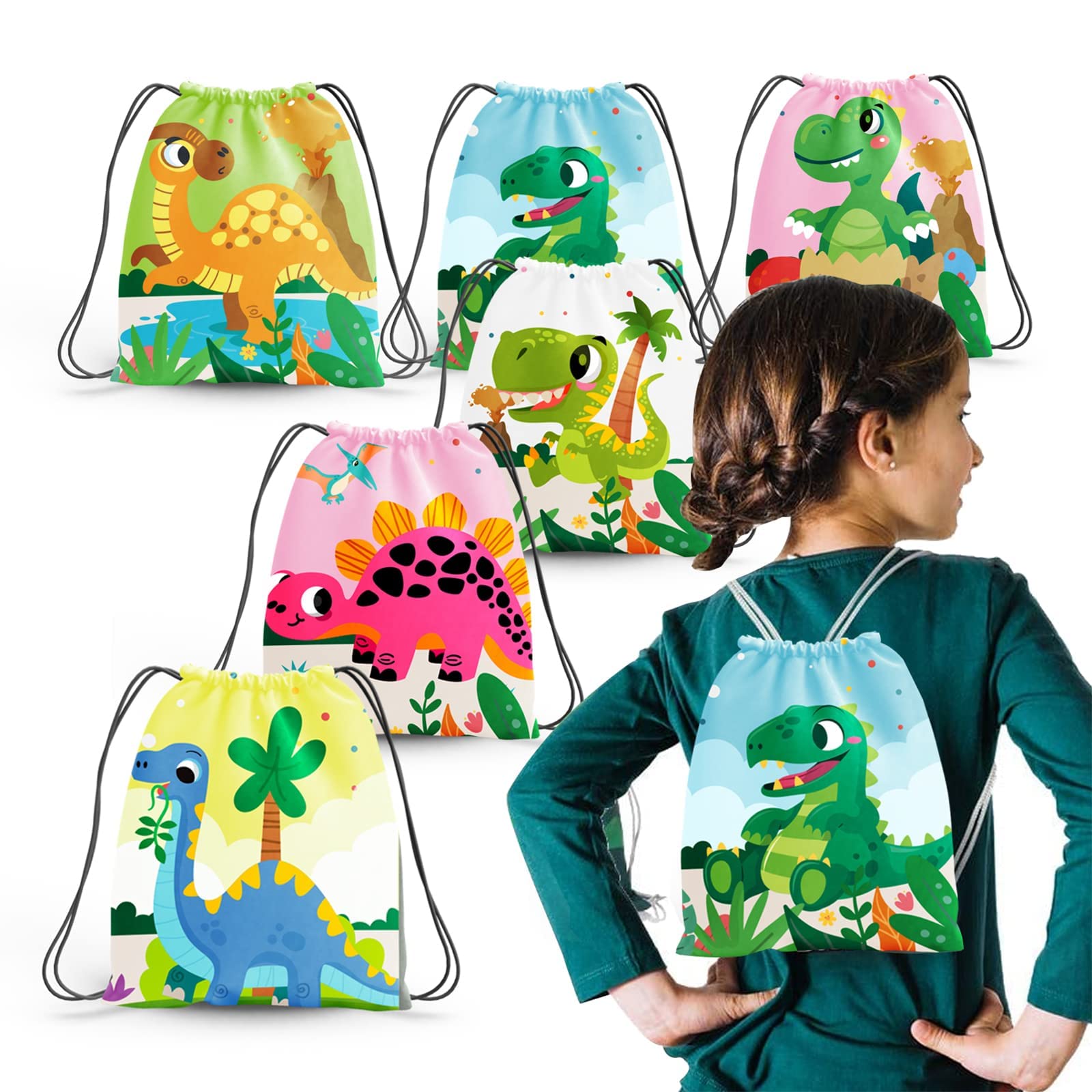 12 Pack Dinosaur Drawstring Bags for Kids Birthday Party Favors & School Travel Storage