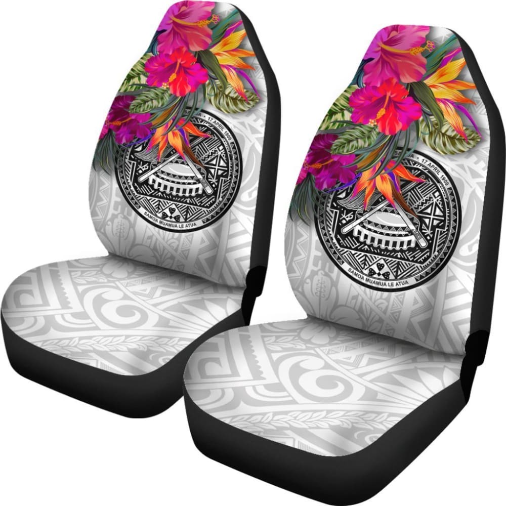Premium American Samoa Car Seat Covers - Breathable Hibiscus Polynesian Floral Pattern in White (093223) | Perfect for SUVs, Trucks & Minivans - Protect Seats from Wear & Sun Damage