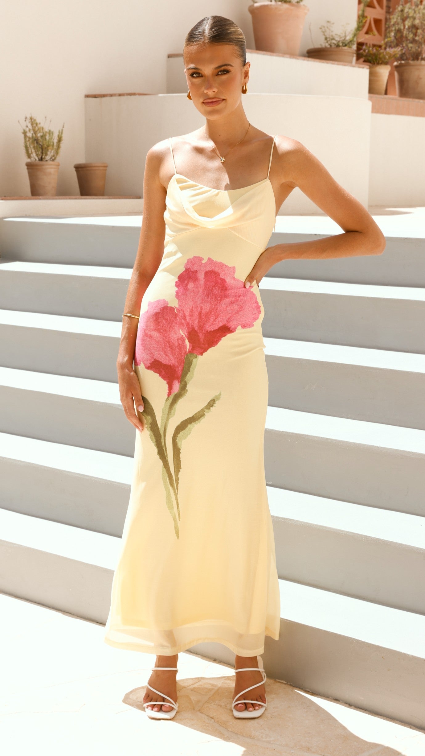 Kiaya Maxi Dress for Women - Flowy Long Summer Dress in Yellow/Blossom Print | Beach Cover Up, Vacation Outfit, Boho Chic Fashion