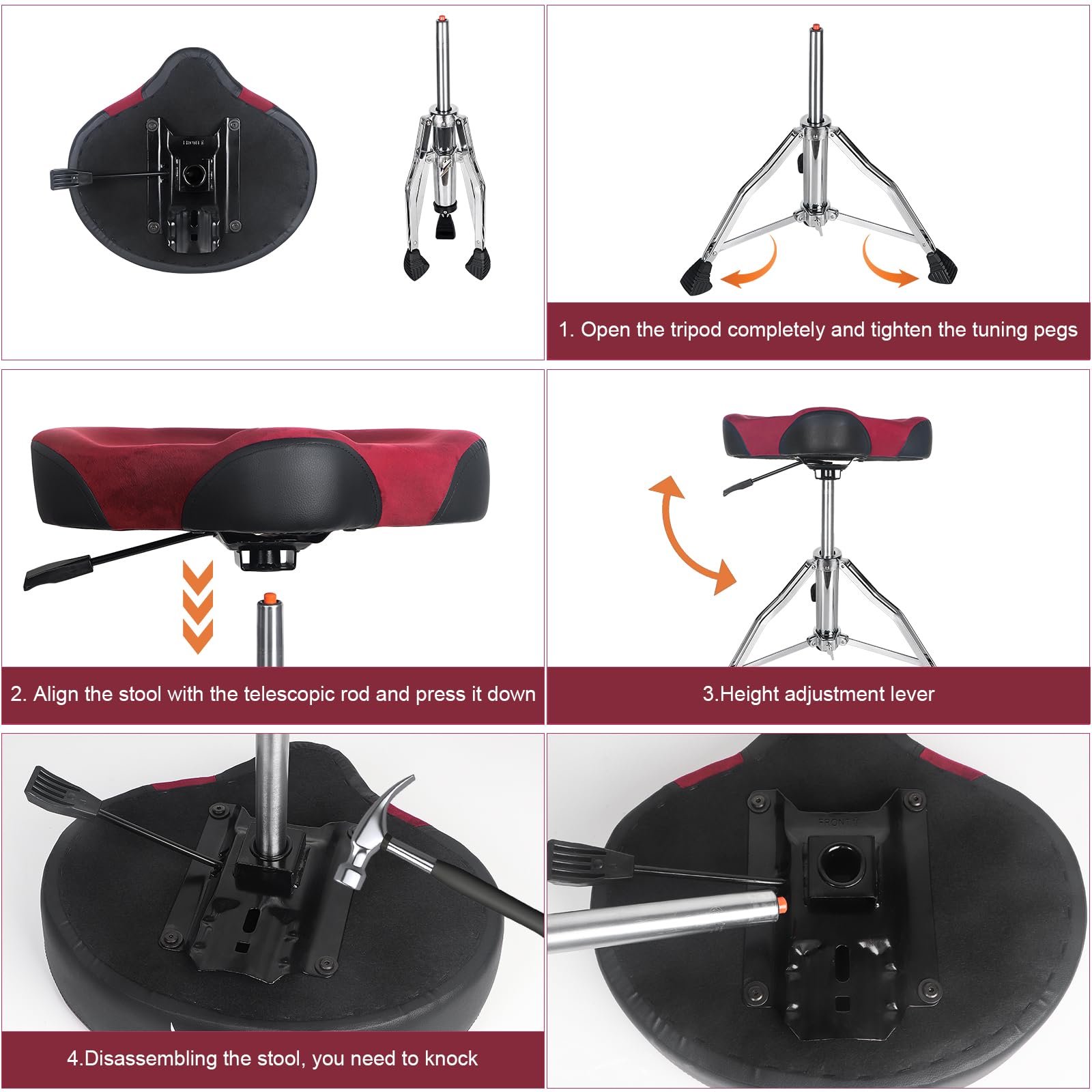 AKOLT Heavy Duty Hydraulic Drum Throne - Adjustable Height Suede Drum Stool with Motorcycle Style Design for Adult Drummers (Dark Red Brown) - Perfect for Studio Recording, Live Performances & Drum Practice Sessions
