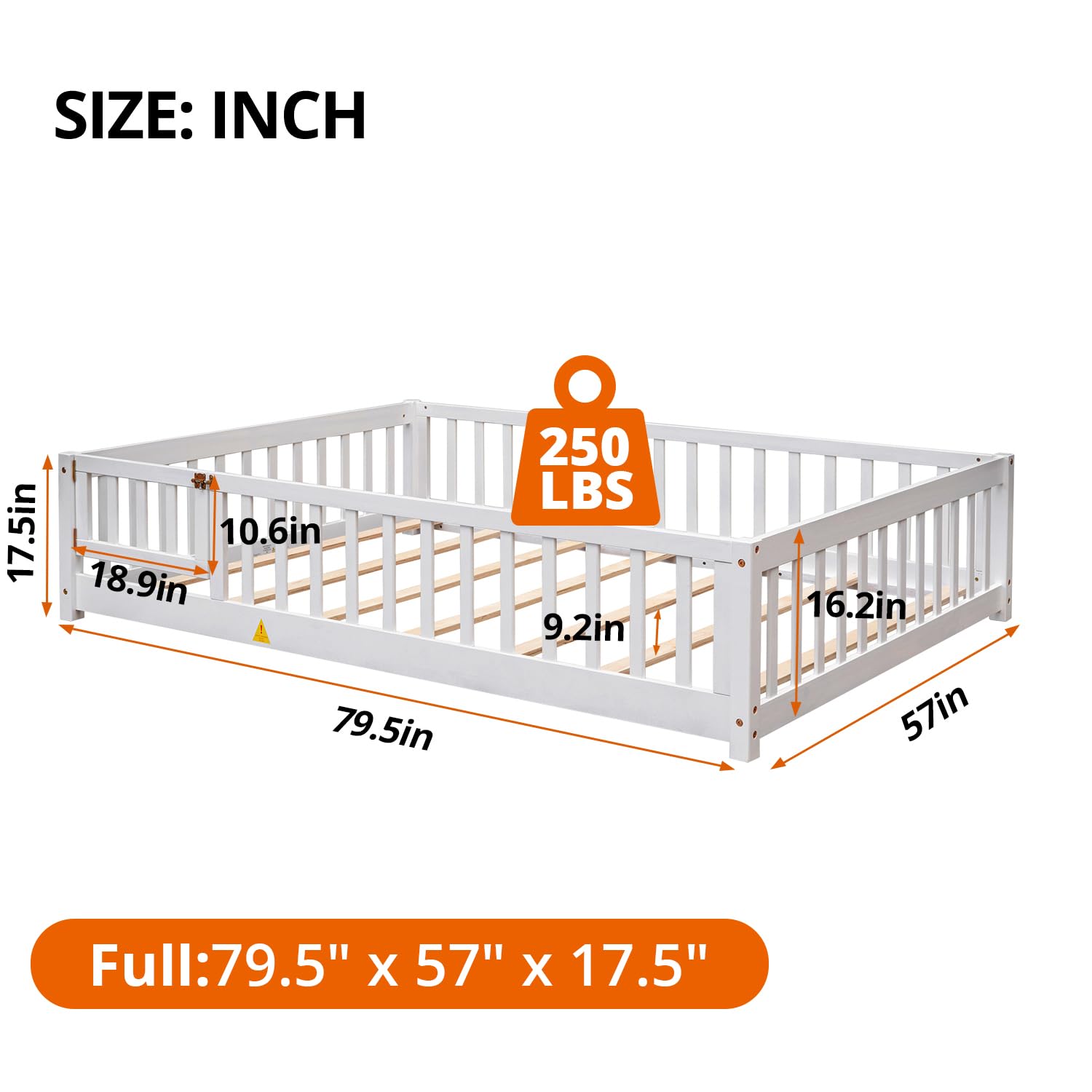 Montessori Floor Bed for Kids - Solid Wood Full Size Bed Frame with Safety Fence & Door, White Toddler Bed with Guardrails and Bed Slats | Perfect for Montessori Bedrooms, Daycare Centers & Safe Toddler Sleep Spaces