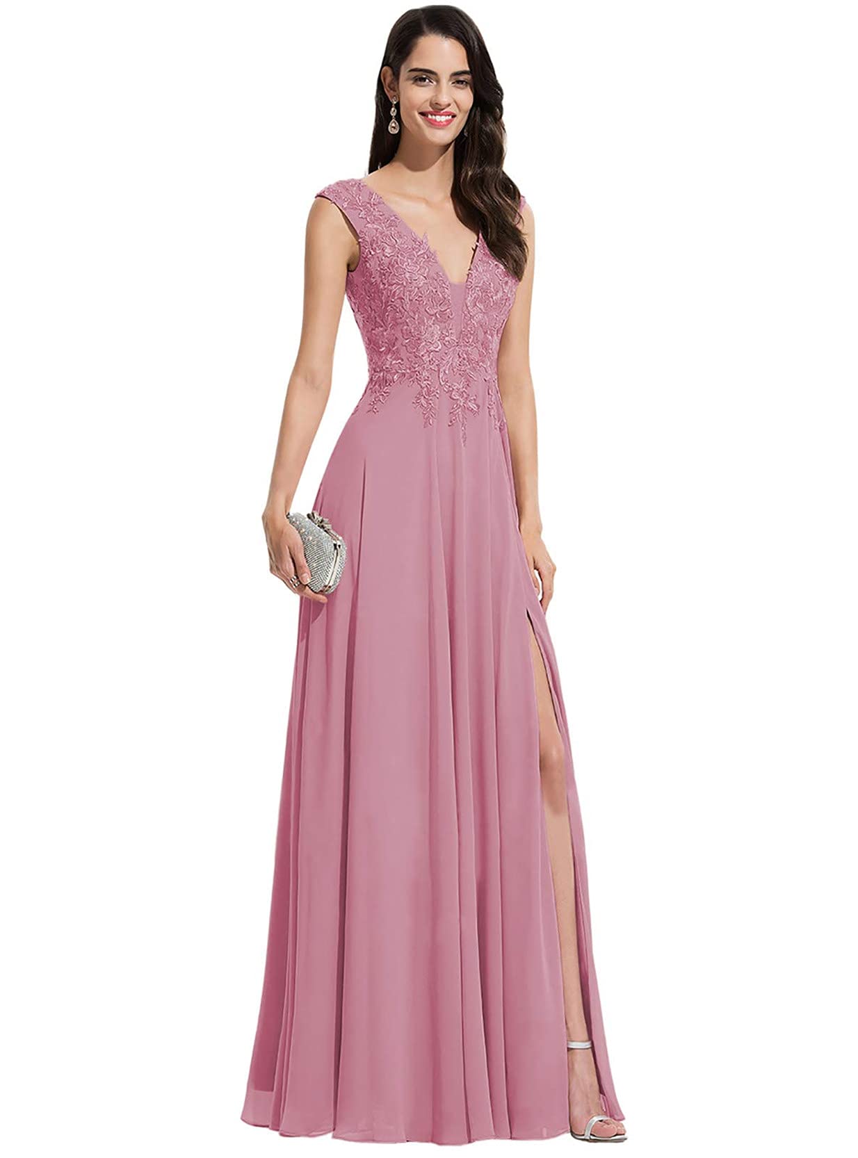 Elegant Long Chiffon Prom Dresses for Women - V-Neck Formal Evening Gowns with Slit & Appliques - Perfect for Bridesmaid, Homecoming, Wedding Guest & Special Occasions