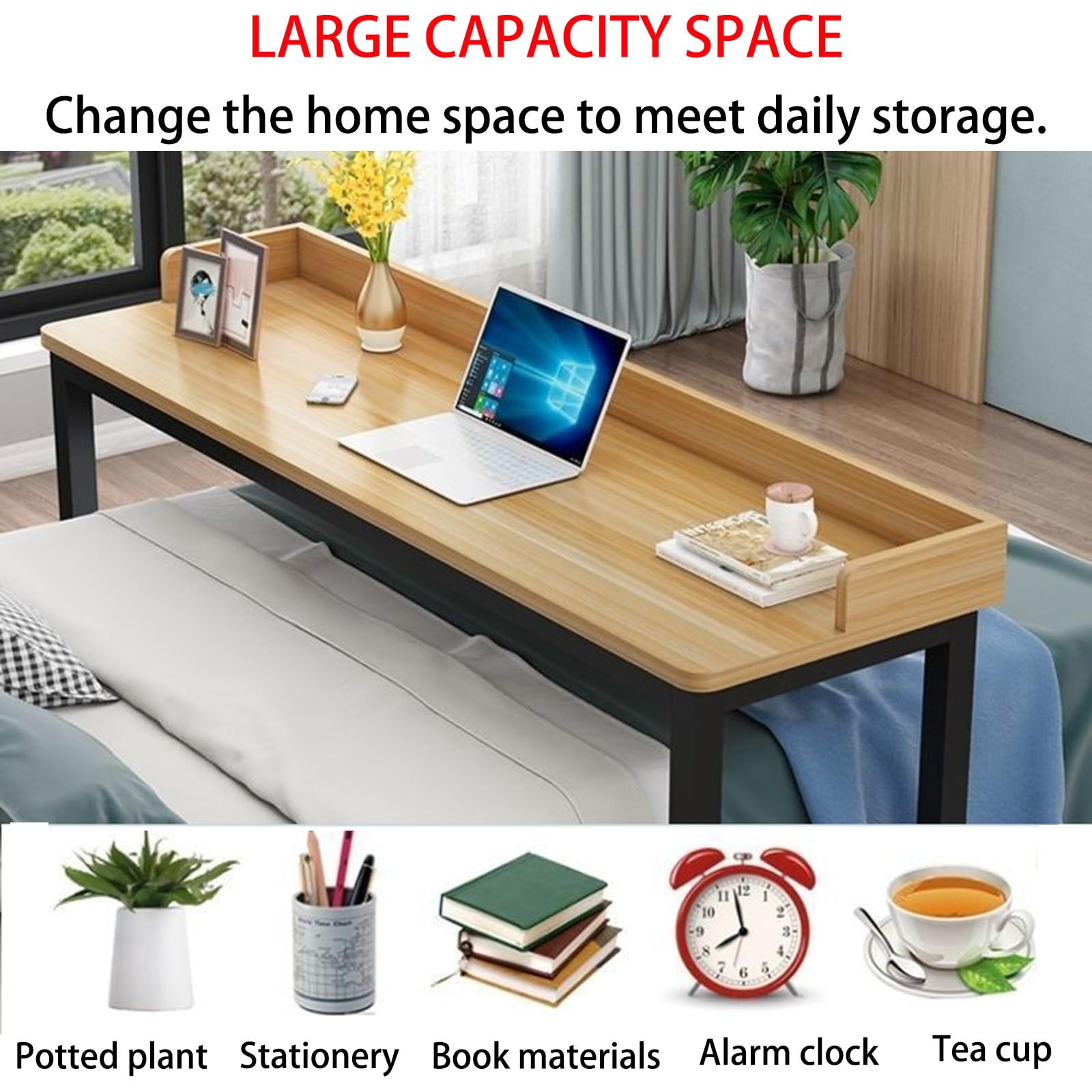 Adjustable Height Overbed Table with Wheels - Large Rolling Bed Desk with Surrounding Baffle, Pink & White Frame - Perfect for Laptop Use, Dining, or as a Bar Table in Bedroom, Hospital, or Office