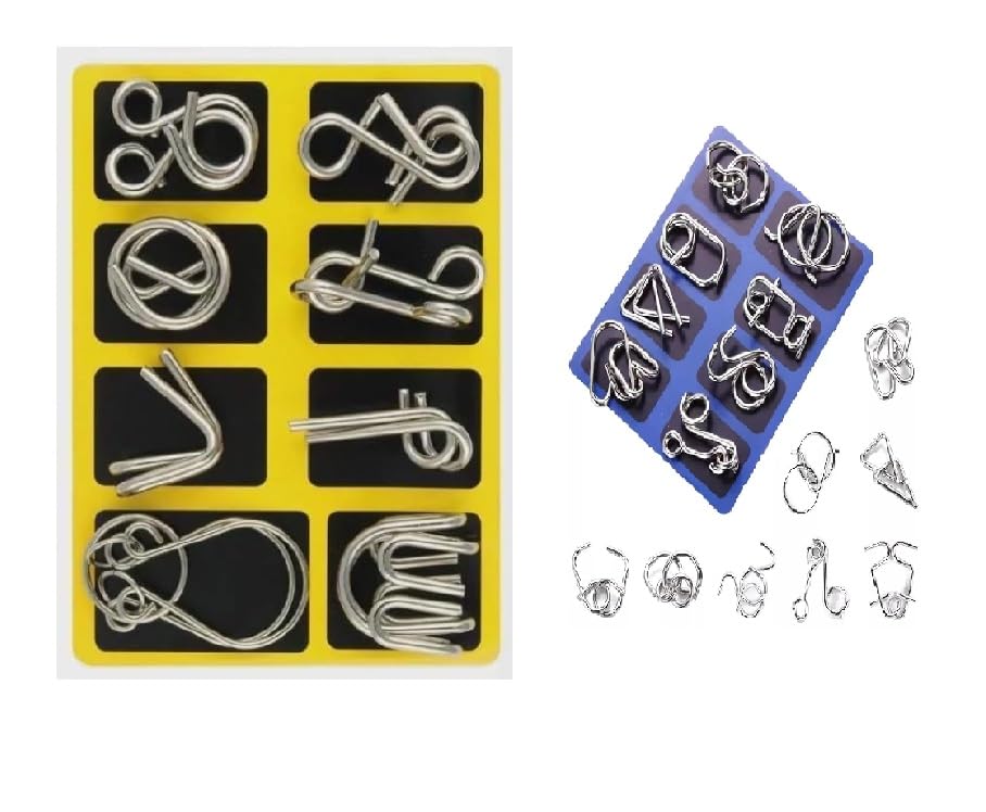 Brain Teasers Metal Wire Puzzle Toys - 16 Set IQ Brain Teaser Games for Adults & Kids (Yellow & Blue) | Perfect for Gifts, Party Favors, Classroom Prizes & Cognitive Training | Great for Travel, Office Breaks & Family Game Nights