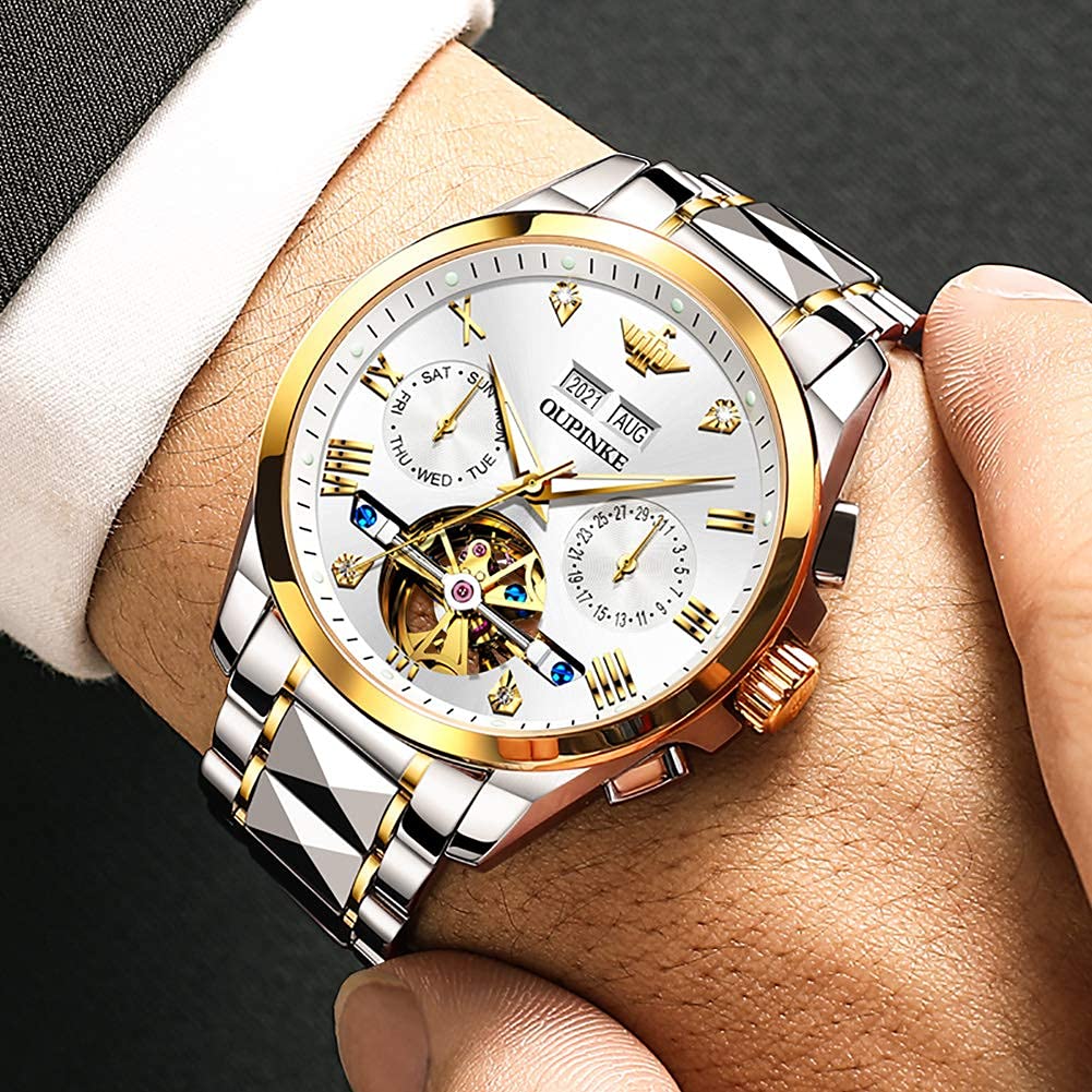 Premium Men's Automatic Skeleton Watch with Diamond Accents - Self-Winding Mechanical Dress Watch - Sapphire Crystal & Tungsten Case - Perfect for Business, Formal Events & Luxury Gifting