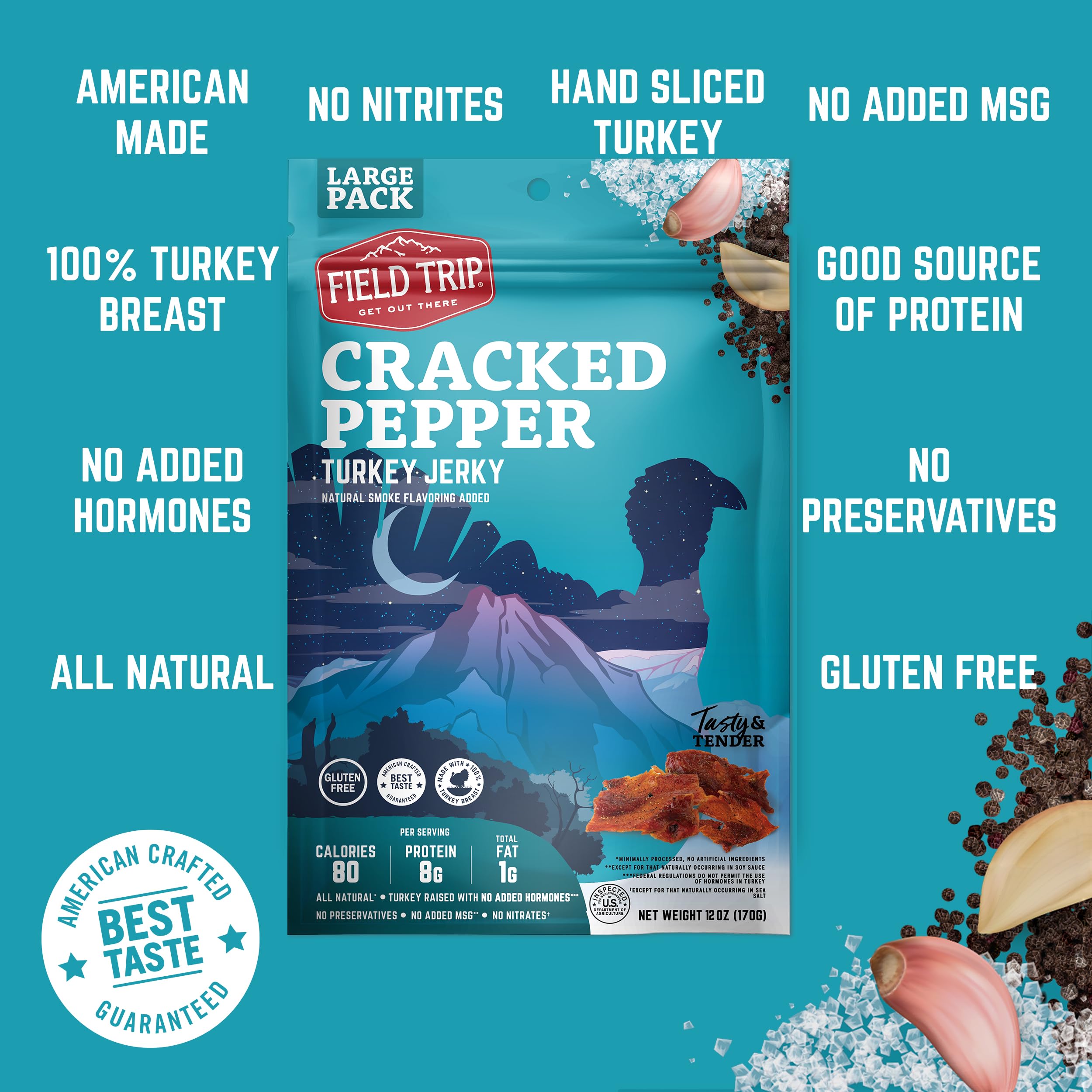 Field Trip Turkey Jerky - All Natural Gluten Free Dried Turkey Meat | Healthy Paleo-Friendly Low Carb High Protein Snack | No Nitrates | 12oz Bag | Cracked Pepper Flavor | Perfect for Hiking, Camping & Keto Diet