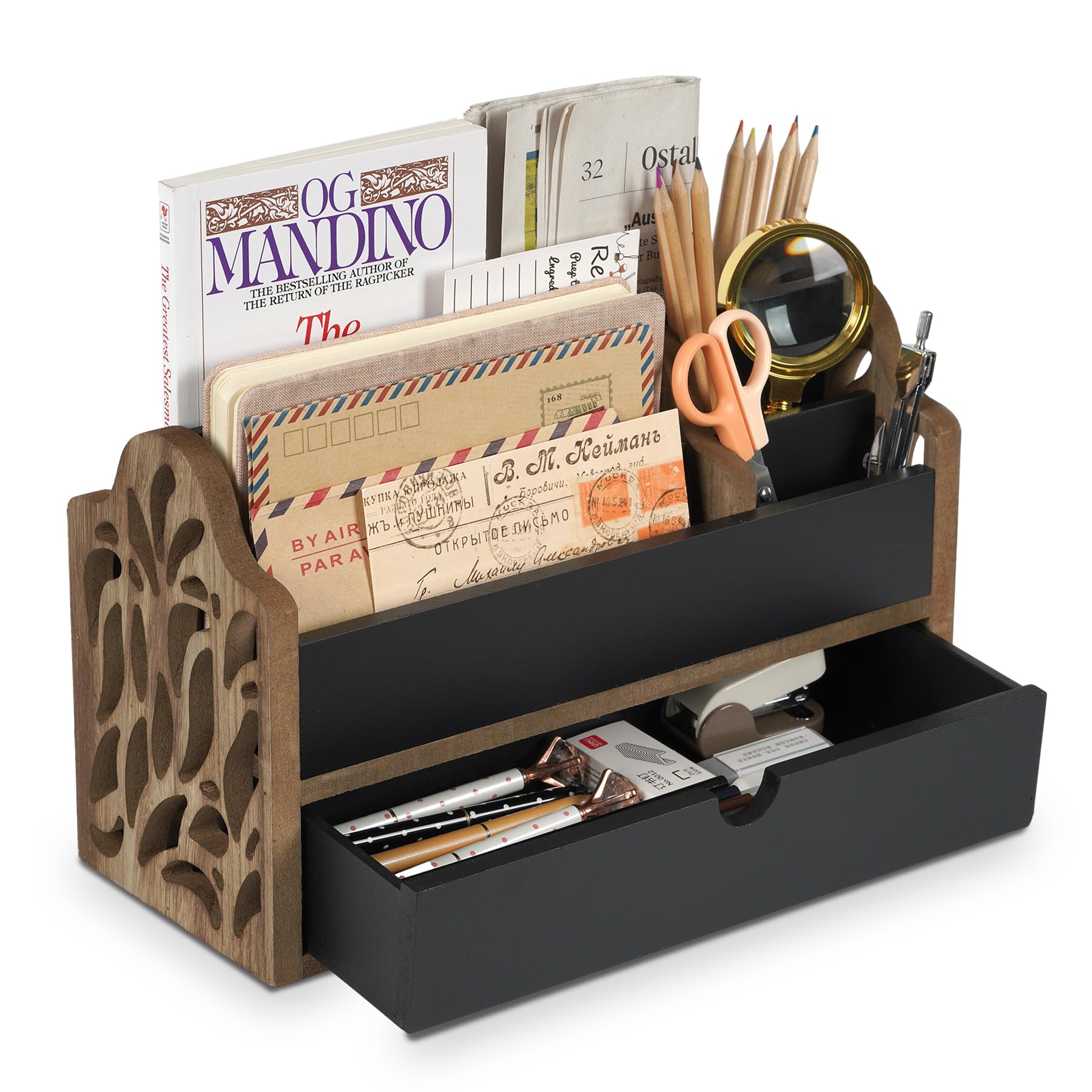 Wooden Desk Organizer with Drawer - 5-Slot Tabletop File Storage, Mail & Letter Holder, Pen Organizer for Office, School & Home Supplies | Perfect for Workspace, Study Desk & Countertop Organization