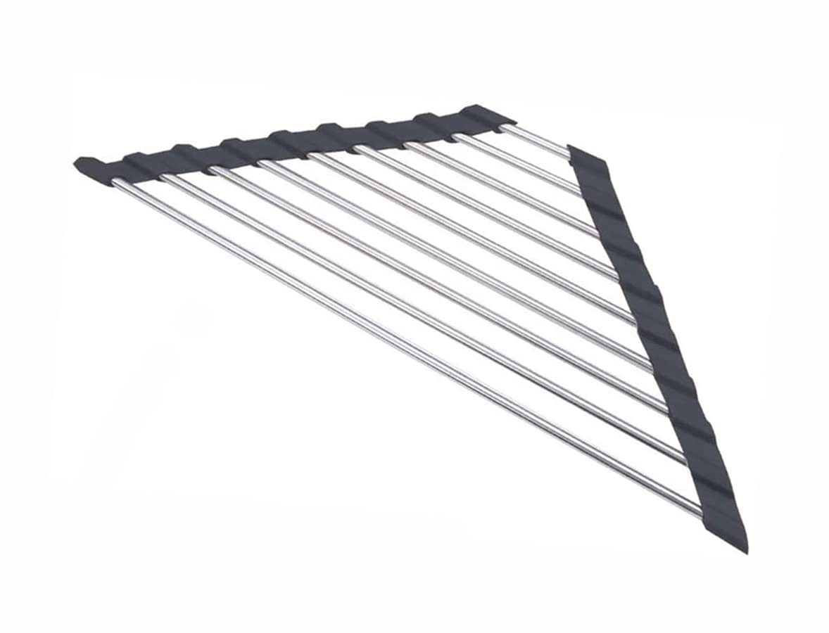 Stainless Steel Triangle Dish Drying Rack - Space Saving Over The Sink Corner Drainer Mat for Kitchen - Multipurpose Roll-up Drying Rack for Dishes, Utensils & Sponges - Perfect for Small Kitchens, Apartments & RVs (Black)