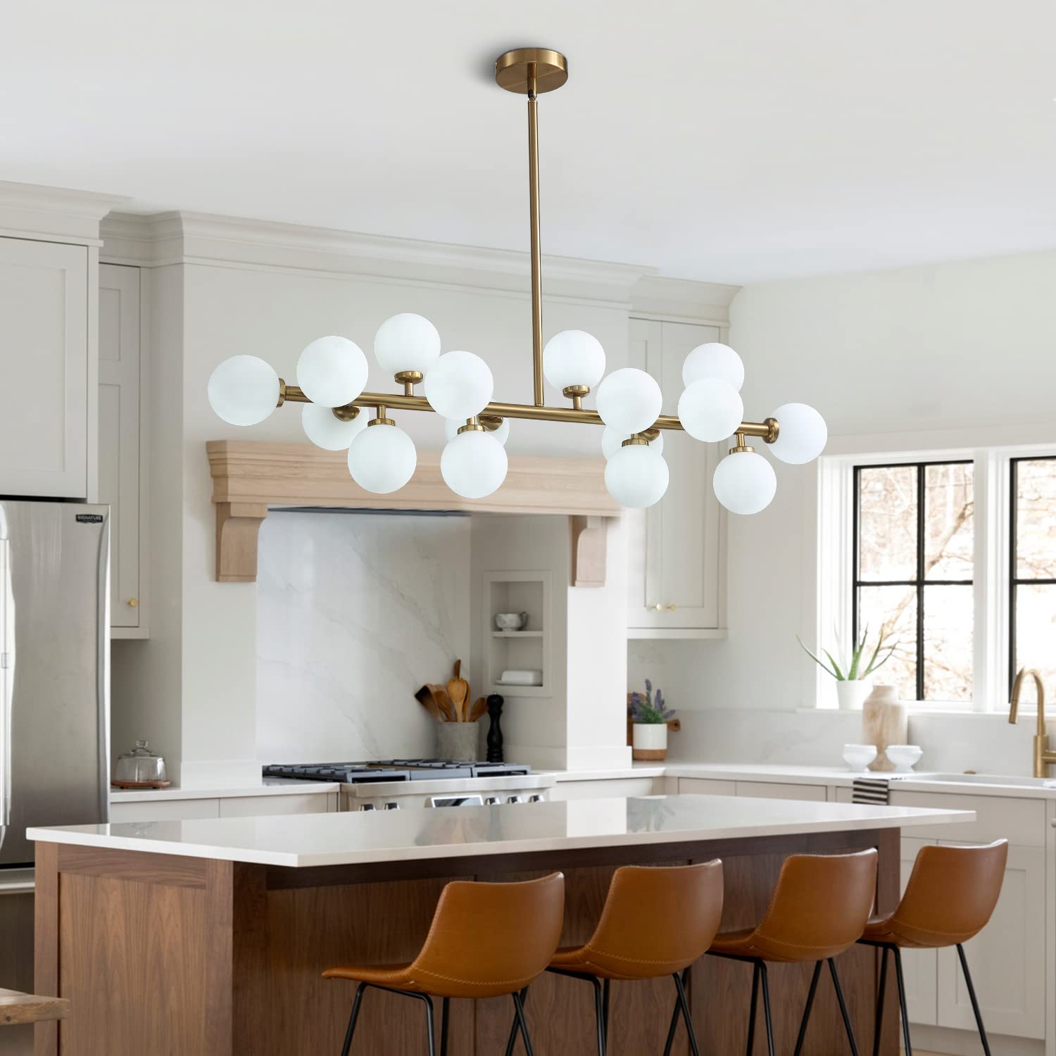 Mid Century Modern Gold Dining Room Chandelier - 16-Light Linear Pendant Lighting with White Glass Globe Shades for Kitchen Island, Dining Table & Living Room | Elegant Vintage Ceiling Light Fixture