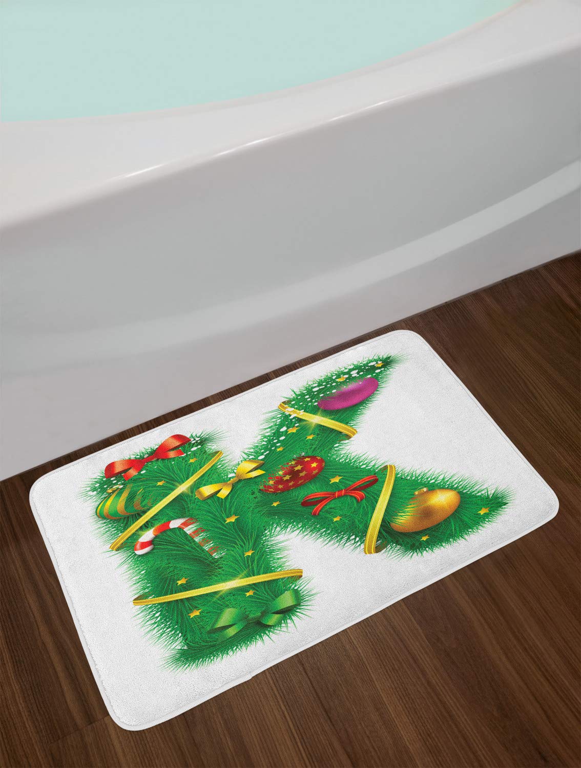 Ambesonne Christmas Alphabet Bath Mat with Letter K Holiday Baubles Ornaments Ribbons Stars Print - Non-Slip Plush Bathroom Rug 30
