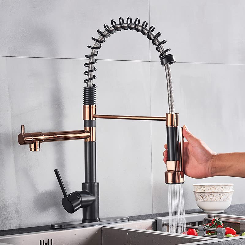 Premium Rose Gold & Black Pull Down Kitchen Faucet - Dual Spout Single Handle Mixer Tap with 360° Rotation for Bar, Farmhouse & Commercial Use | Ideal for Modern Kitchens & Food Prep Stations