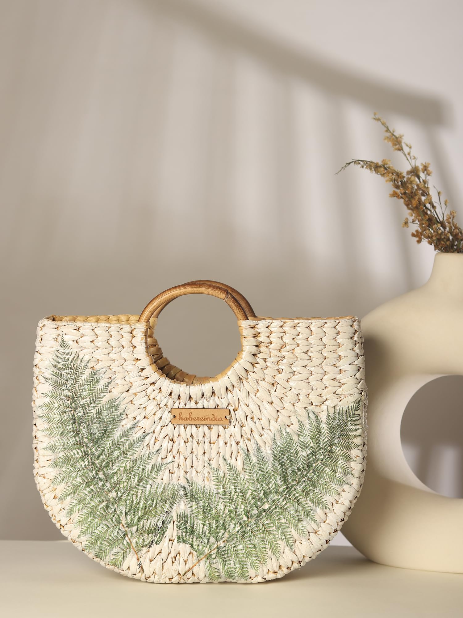 Habere India Handmade Straw Tote Bag - Small Boho Beach Bag for Women | Bamboo & Kauna Woven Basket Purse | White Half Moon Crossbody Bag | Perfect for Summer, Travel, Picnic & Boho Fashion