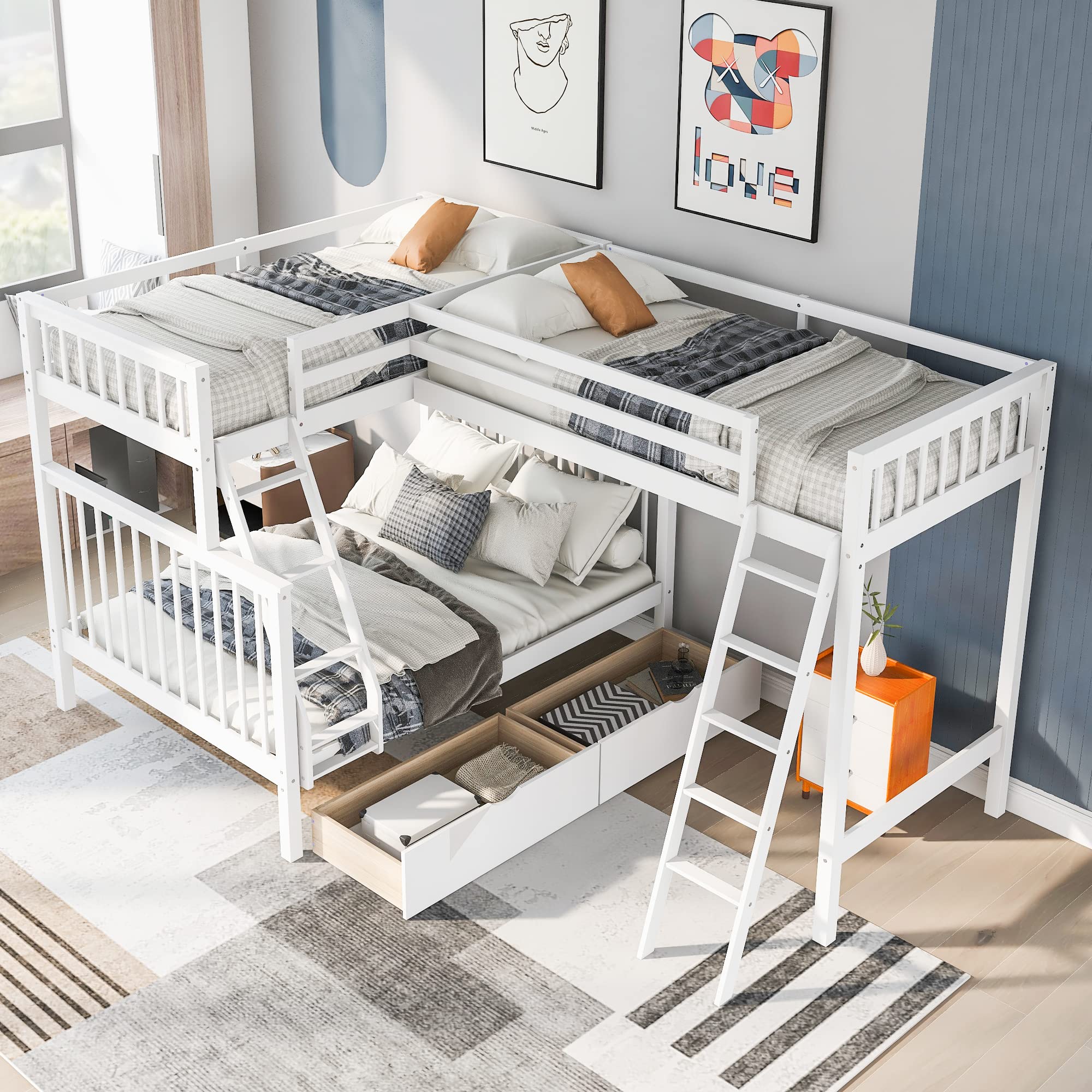 Triple Bed Twin-Over-Twin-Over-Full L-Shaped Bunk Bed with 2 Storage Drawers & Ladders - No Box Spring Required | Space-Saving Kids Bedroom & Guest Room Solution