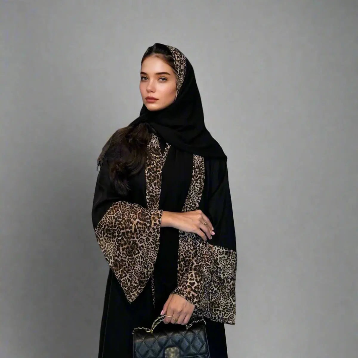 Leopard Print Cardigan Open Abaya Dress with Matching Hijab - Elegant Muslim Women's Fashion for Daily Wear & Special Occasions