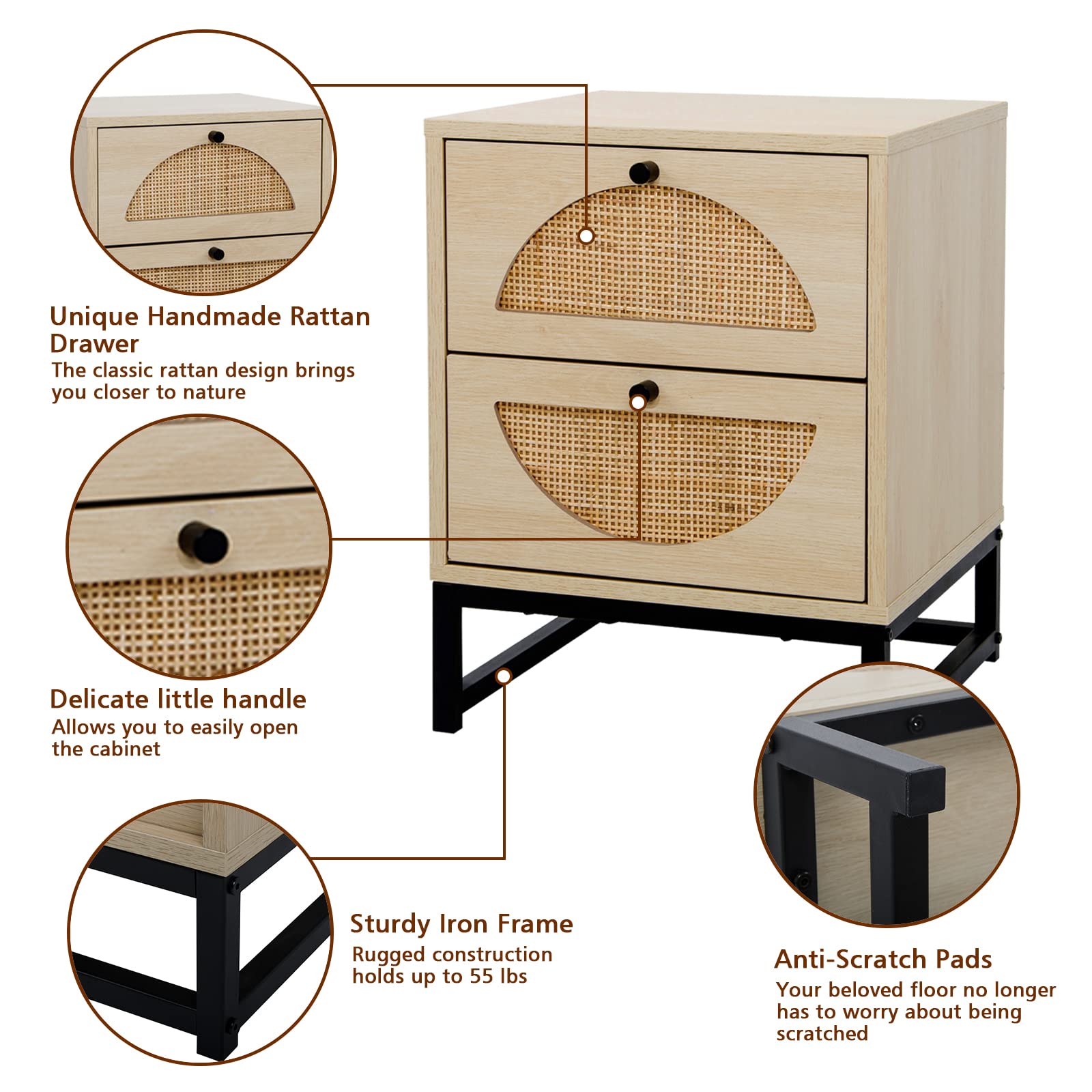 Rattan Nightstand with 2 Drawers & Metal Legs - Rustic Bedside Table for Bedroom & Living Room Storage