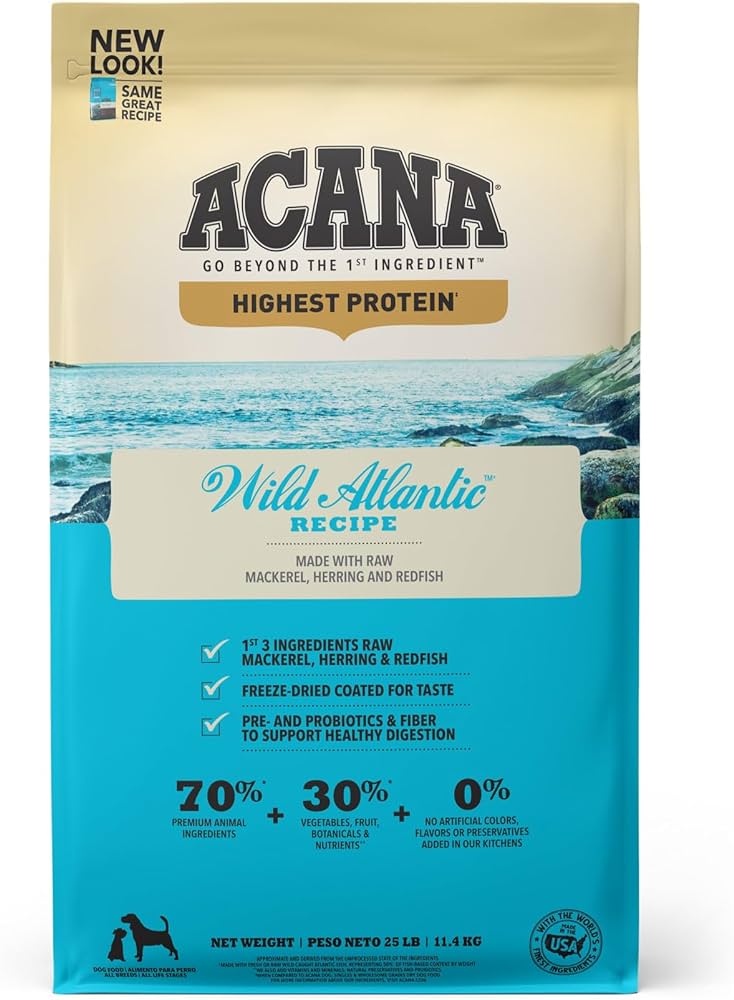 Acana Highest Protein Grain Free Dry Dog Food - Wild Atlantic Recipe for Adult Dogs - High Protein & Nutrient-Rich Kibble for Active Dogs - Perfect for Outdoor Adventures & Training Sessions