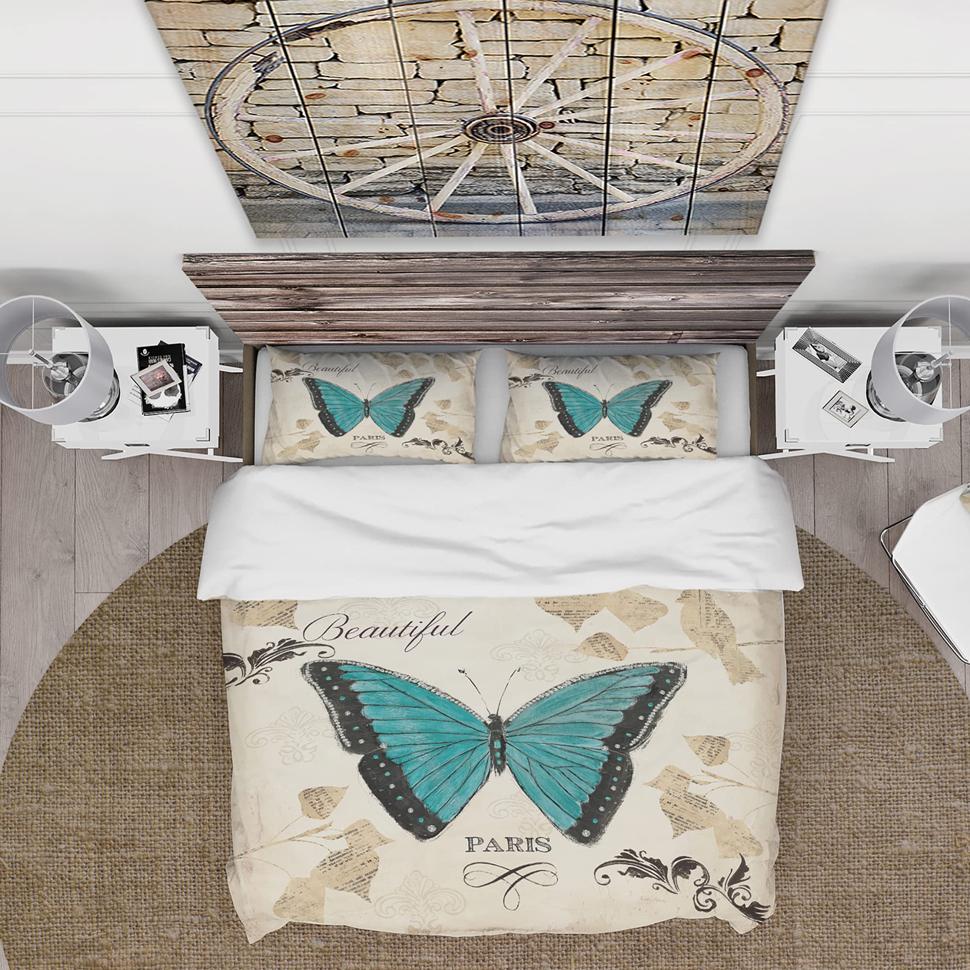 DesignQ Blue Farmhouse Butterfly Duvet Cover Set - Queen Size 3-Piece All Season Bedding with Animal Print | Cozy Farmhouse Style for Bedroom Decor