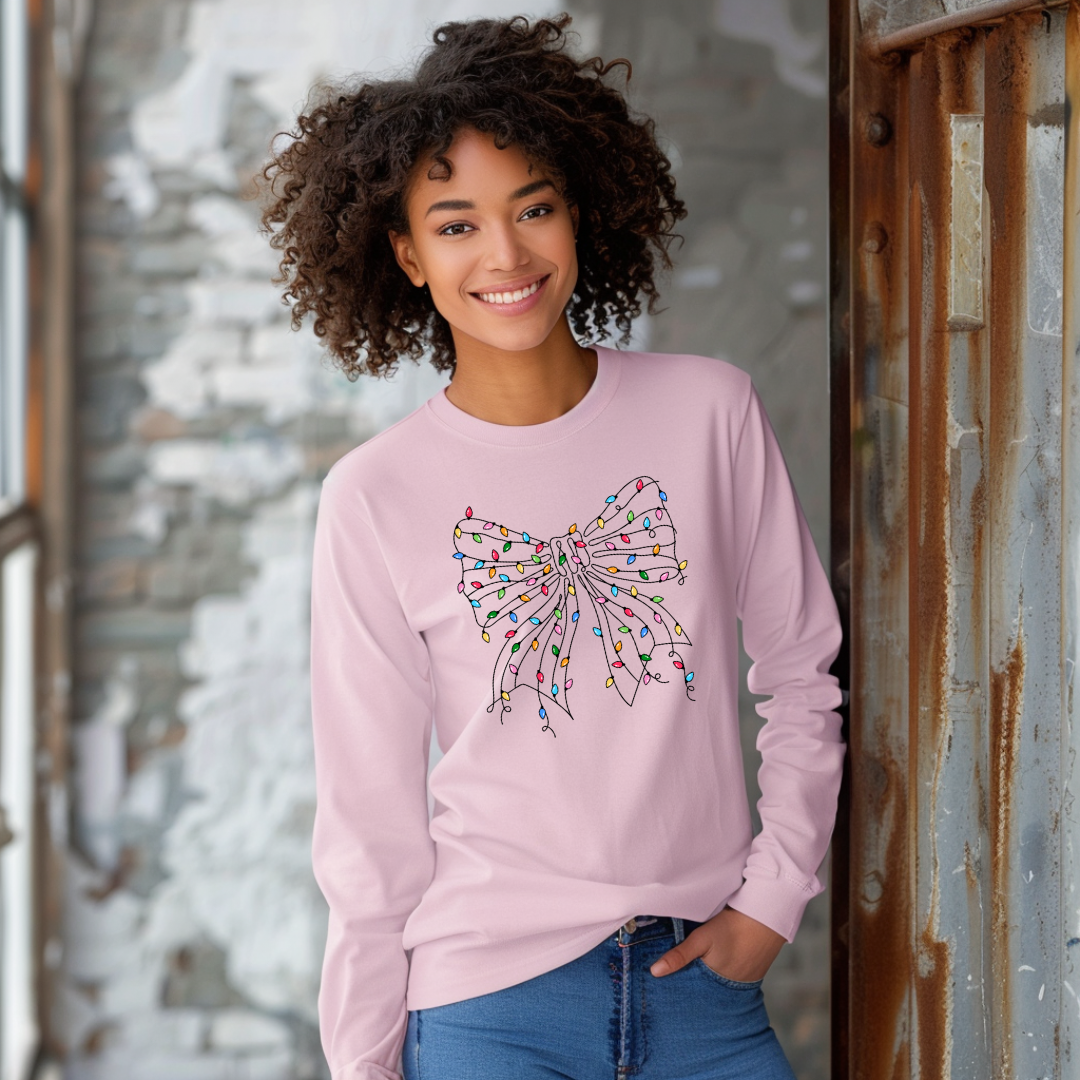 Stylish Lights in a Bow Graphic Print Long Sleeve T-Shirt for Women - Casual Fashion Top for Everyday Wear, Street Style & Outfit Layering