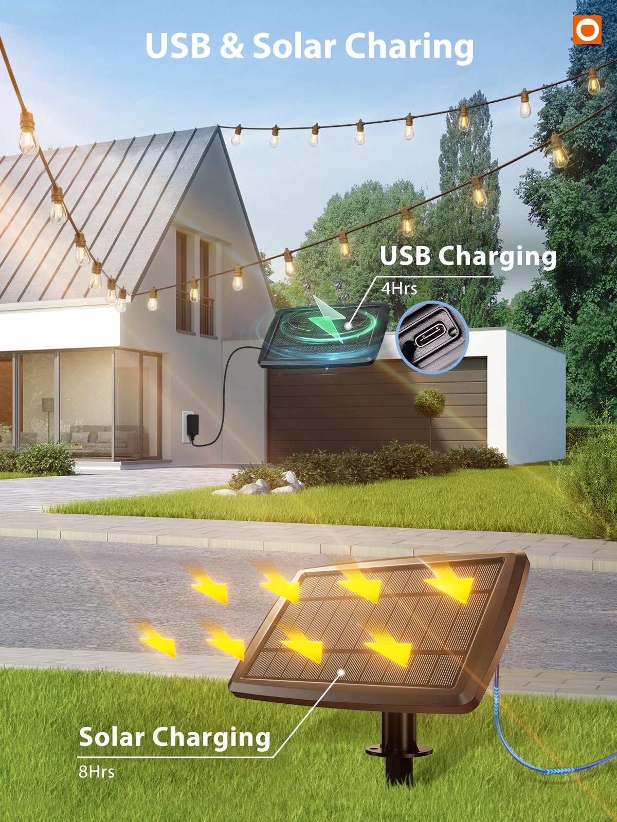 Addlon 104FT Solar String Lights Outdoor Waterproof - 98FT+6FT USB Powered with Remote Control, 34 LED Dimmable Bulbs for Patio, Garden, Deck, Halloween & Christmas Decorations - Perfect for Backyard, Wedding, Party Lighting