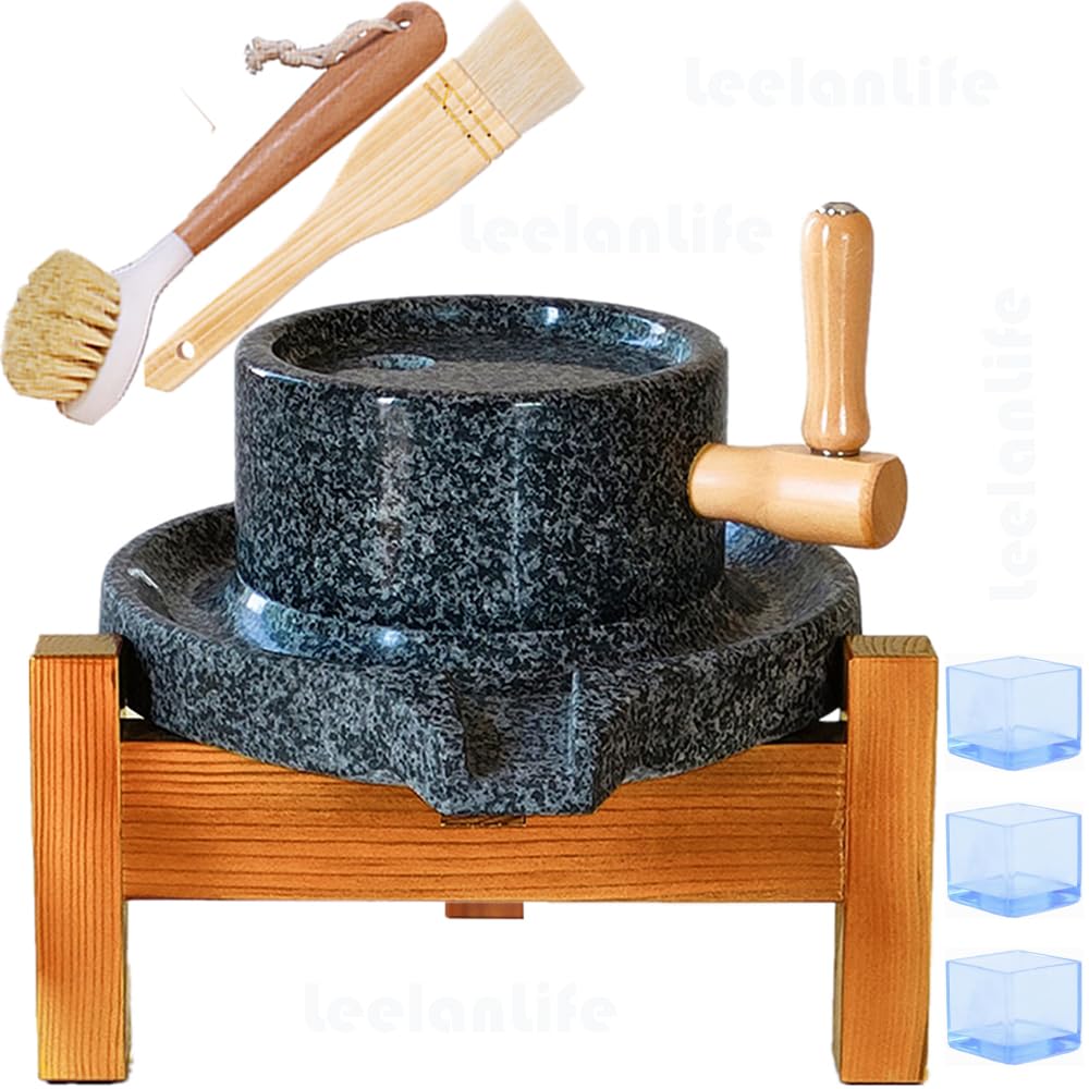 Premium Manual Granite Stone Grinder - Natural Stone Mill for Rice, Soybeans & Grains | Hand Crank Flour Mill with Wooden Stand (7.87