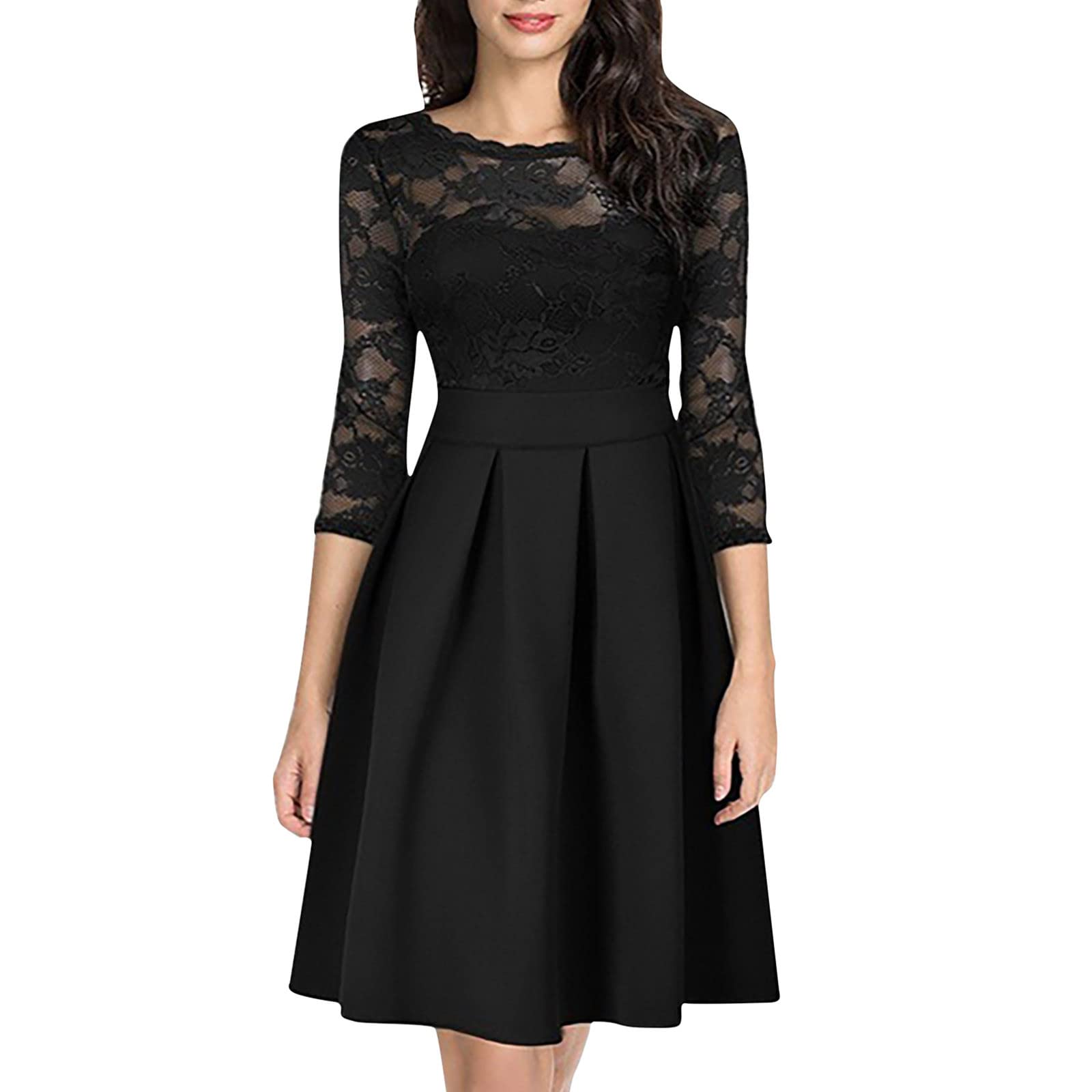 Elegant Lace Wedding Guest Dresses for Women - Mesh Patchwork Swing Prom Dress with Pleated Skirt | Perfect for Bridal Showers, Cocktail Parties & Summer Events