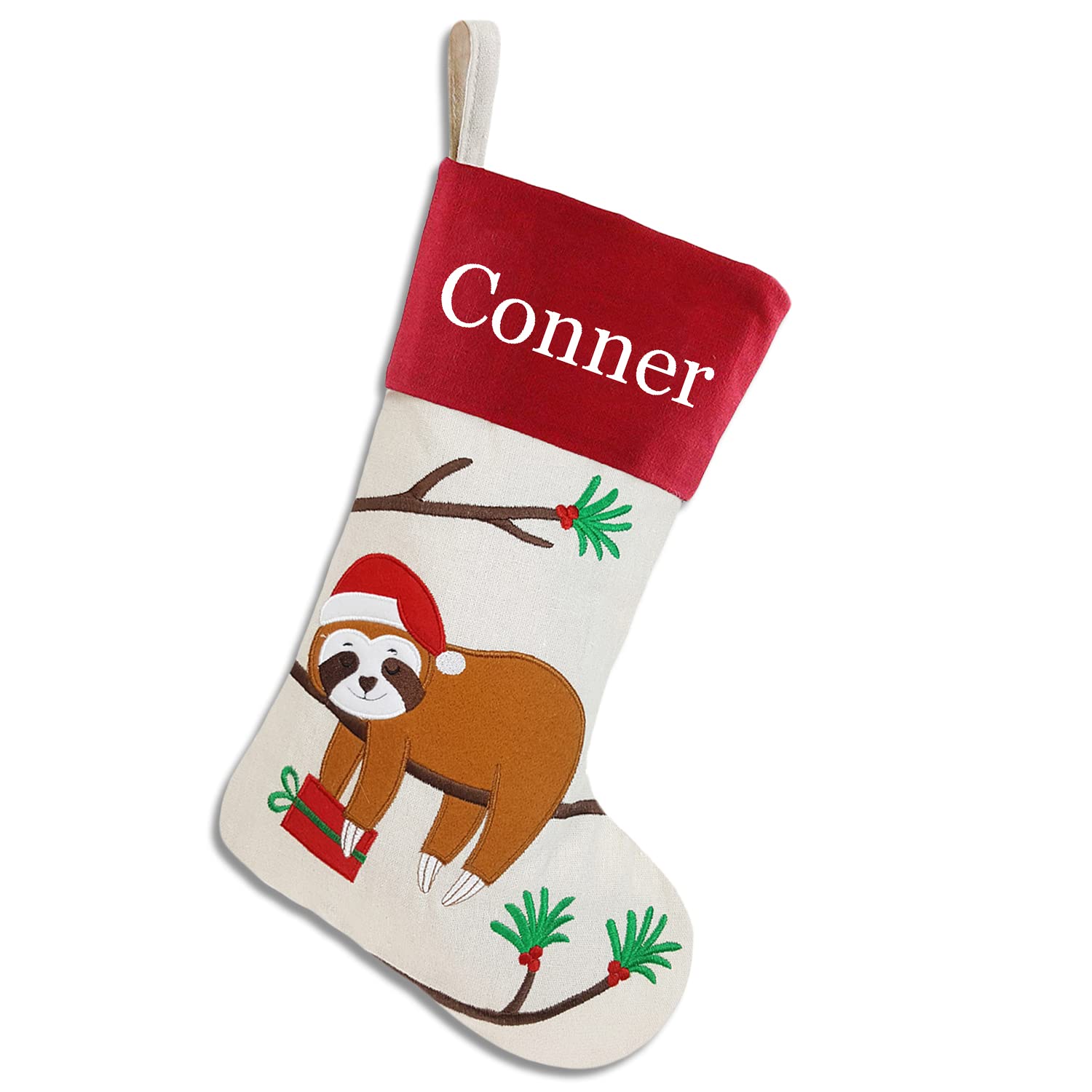 Custom Embroidered Christmas Stockings with Names - Personalized Holiday Gift Bags & Holders (16 Colors, Sloth Design) for Fireplace Decor, Family Gifts & Festive Home Decorations