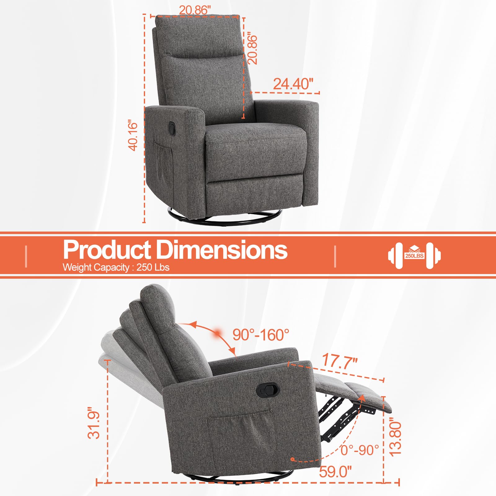 Sweetcrispy 360 Swivel Recliner Chair for Adults - High Back Upholstered Rocking Glider with Deep Seat - Grey Living Room Recliner & Nursery Chair for Relaxing, Nursing & Reading