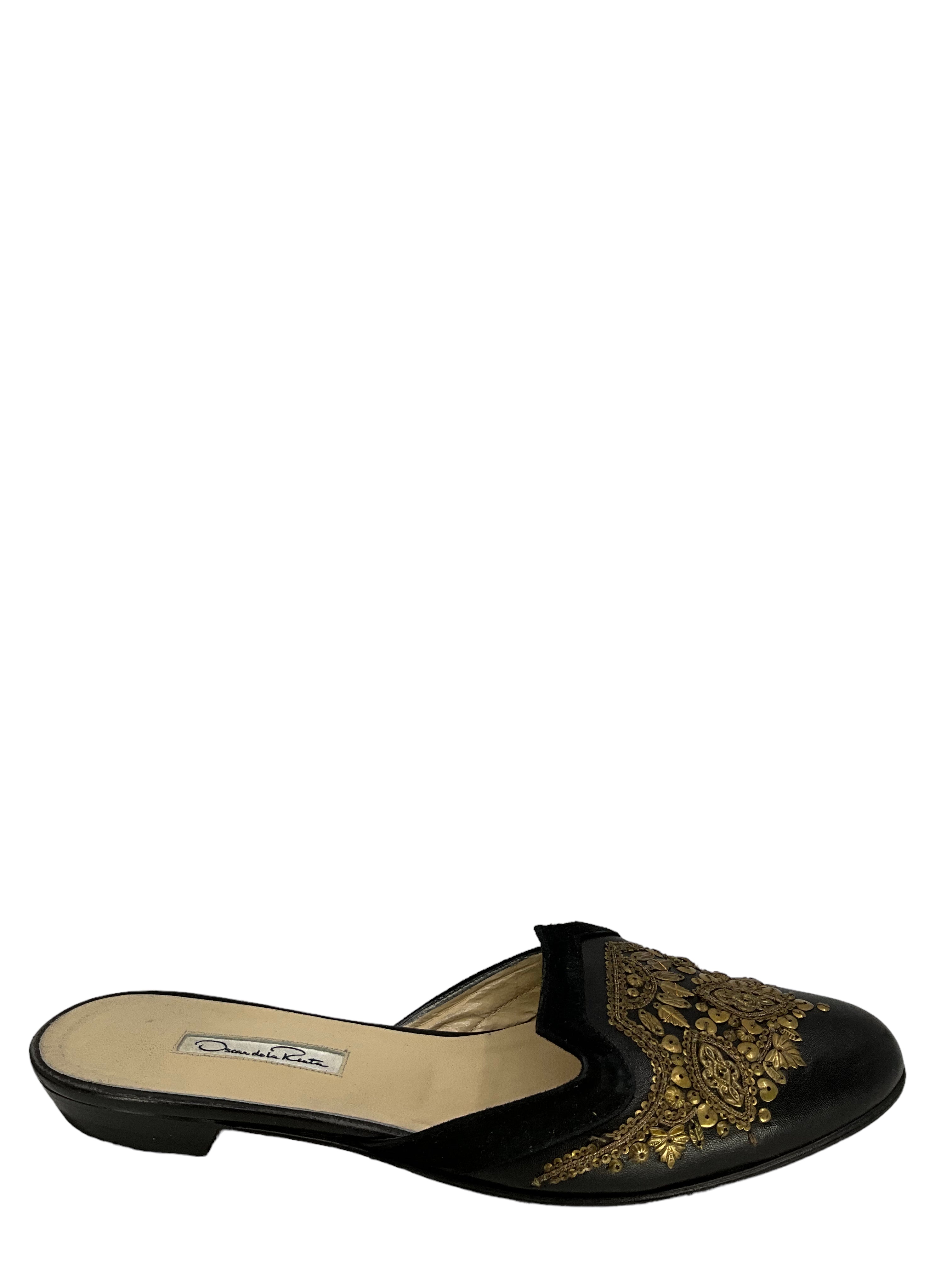 Oscar De La Renta Leather Embroidered Spanish Mules Women's Size 10.5 - Elegant Slip-On Shoes for Weddings, Parties & Special Occasions