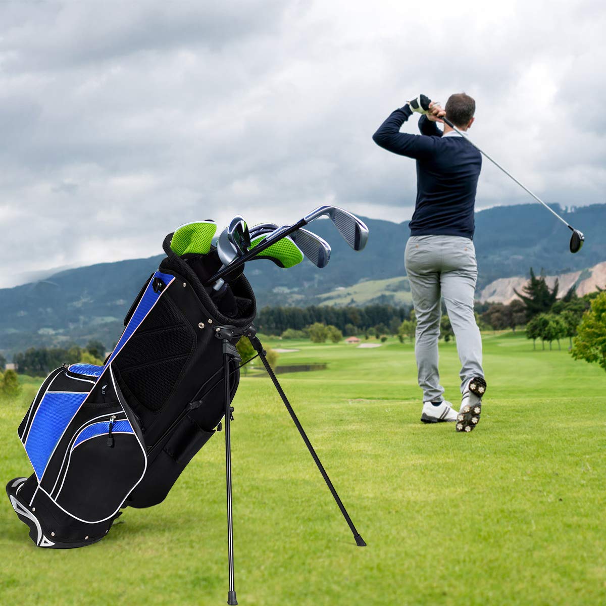 GYMAX 6-Way Divider Golf Stand Bag with 8 Pockets, Rain Hood & Umbrella Holder - Lightweight Portable Golf Club Bag for Men & Women - Perfect for Driving Range, Course Play & Travel