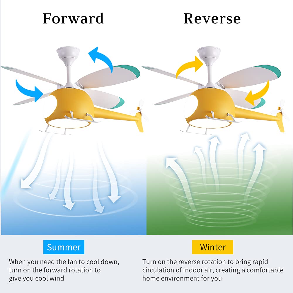 42 Inch Kids Helicopter Ceiling Fan with Remote Control & LED Lights - Cartoon Bedroom Fan for Boys & Girls - Perfect for Children's Room, Nursery, Playroom (Yellow)