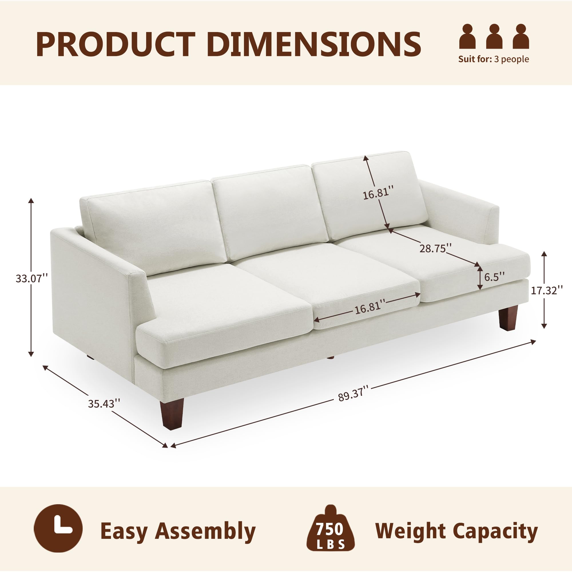 3-Seater Mid Century Modern Sofa Couch - 89