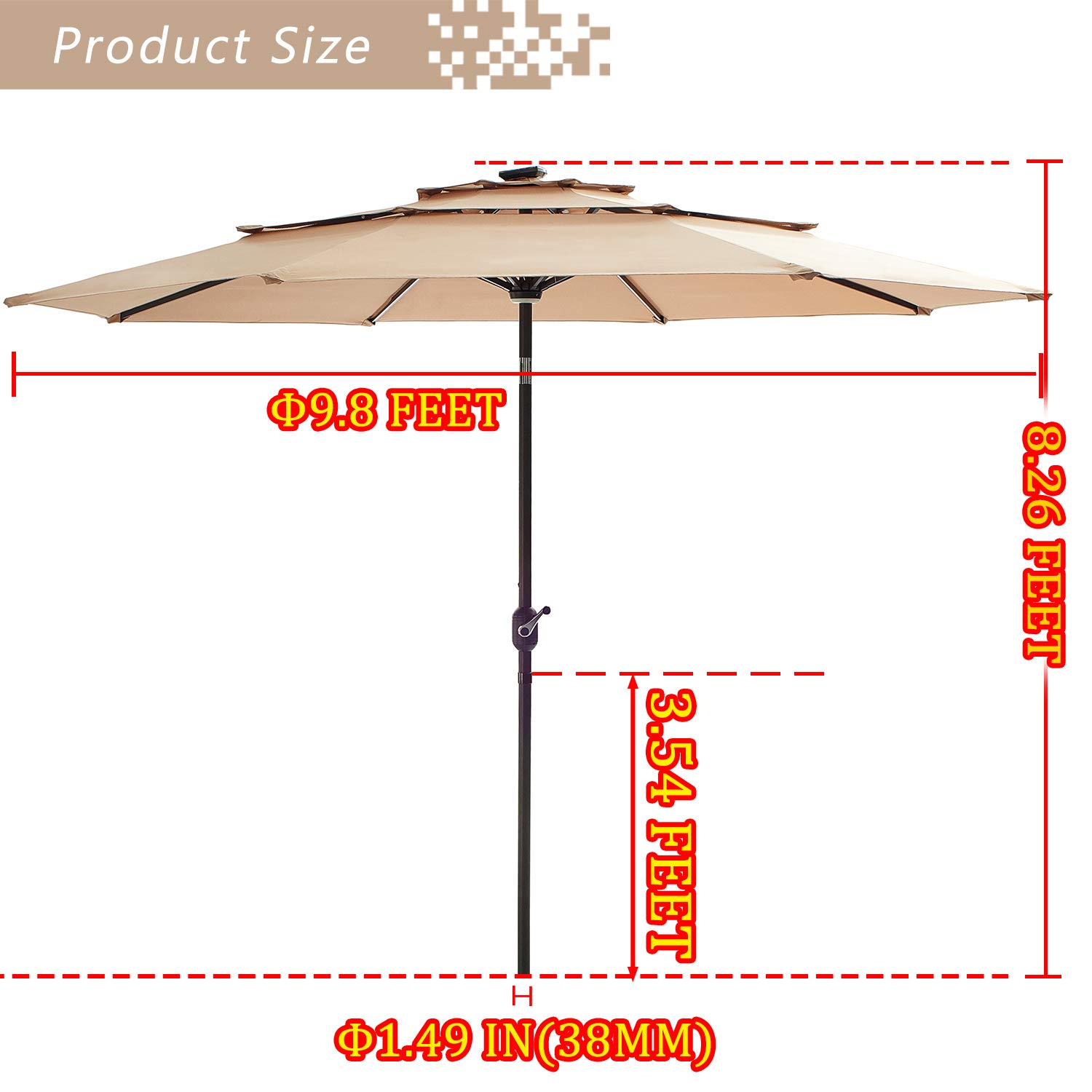 Outdoor 3-Tier Aluminum Market Umbrella with Push Button Tilt & Easy Crank - 9.8FT Patio Umbrella with 8 Solar LED Lights - All-Weather Khaki Umbrella for Backyard, Poolside & Outdoor Dining