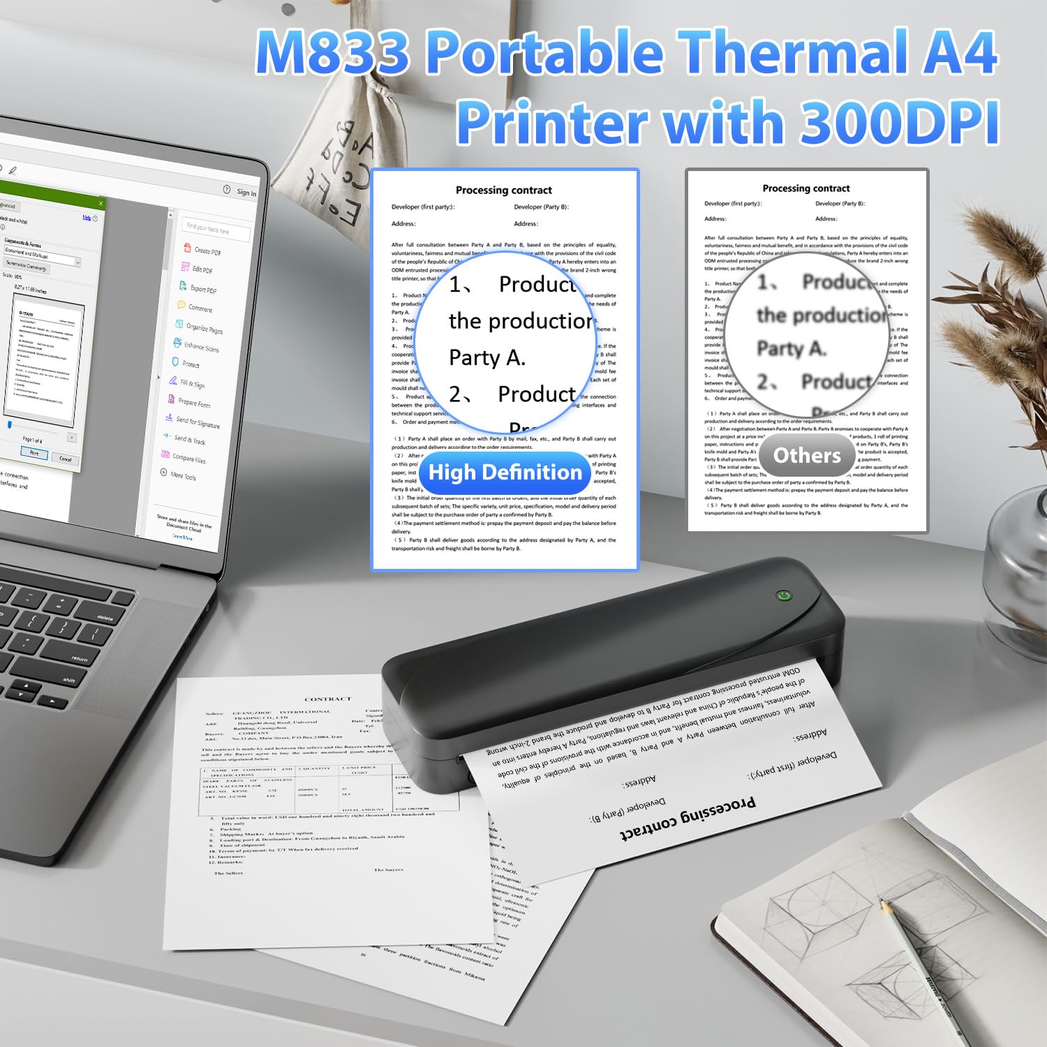 Phomemo M833 Wireless Thermal Printer - 300DPI High Resolution, A4 Portable Printer for Phone & Laptop | Bluetooth Mobile Printer for Business Receipts, Travel Documents, Home Office & On-the-Go Printing (Black)