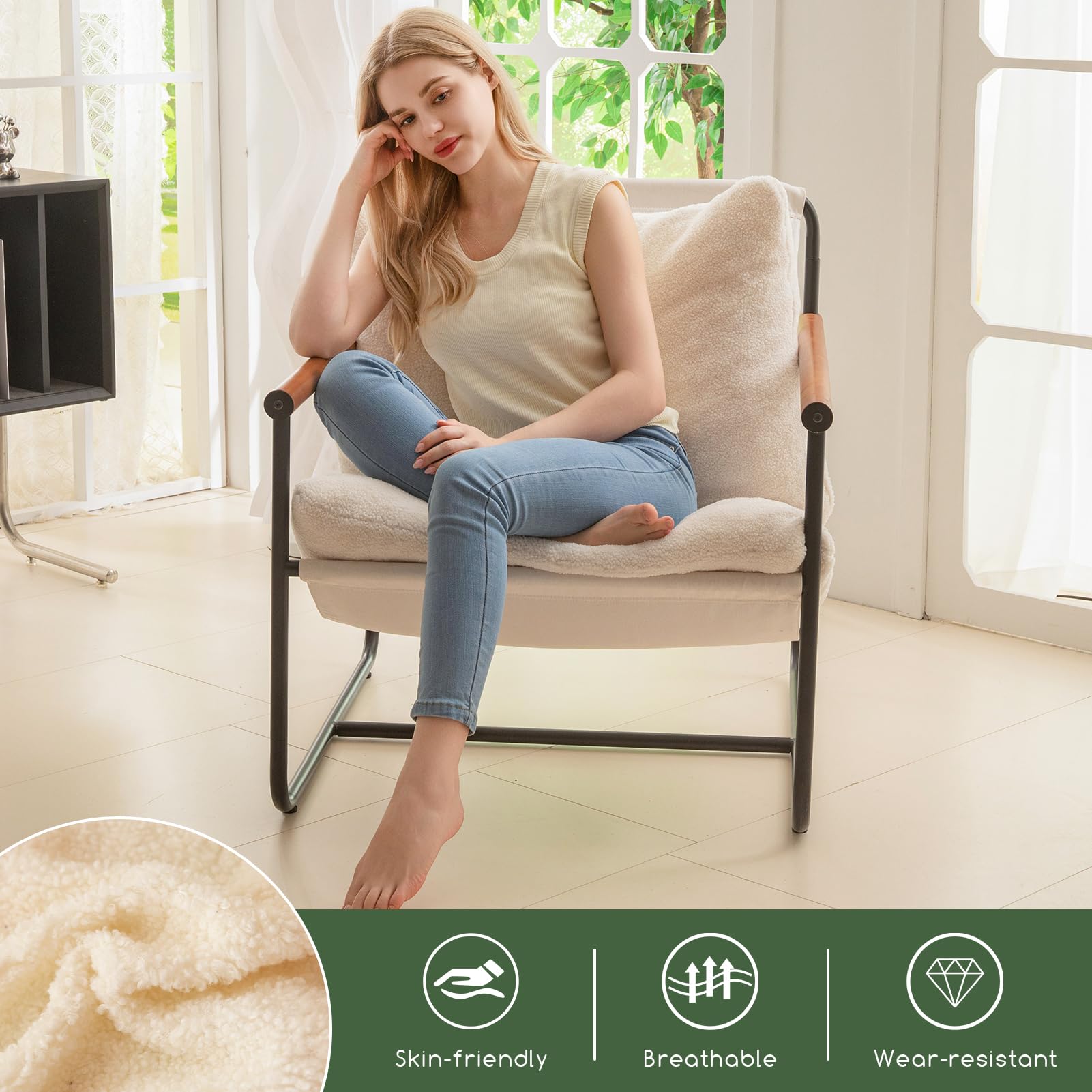 MAXYOYO Modern Accent Chair with Wooden Armrests - Beige Upholstered Living Room Chair for Home, Office & Lounge Decor