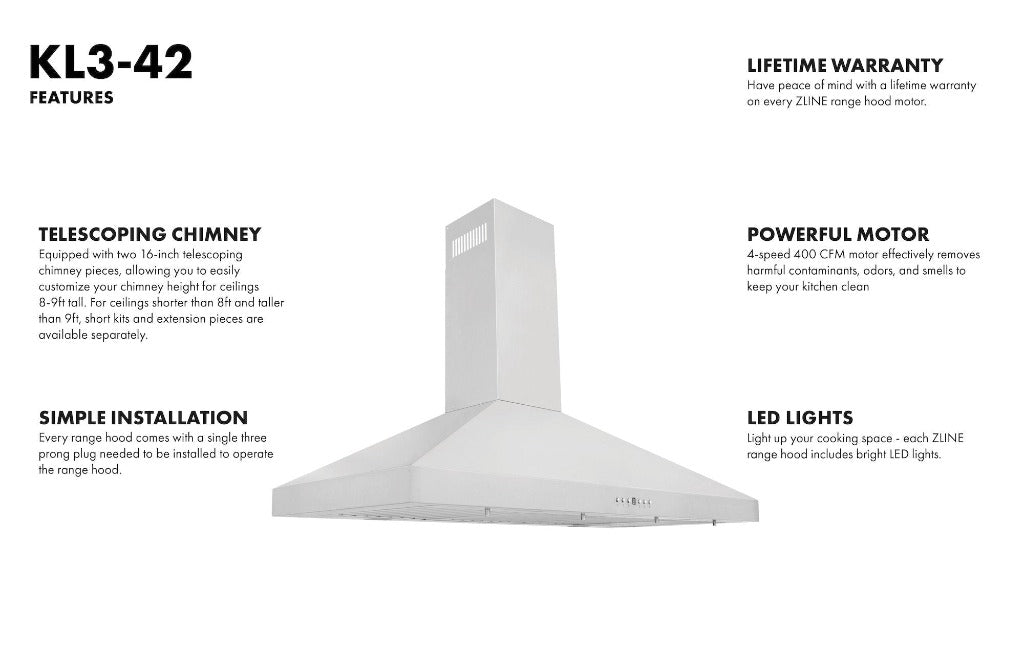 ZLINE KL3 Stainless Steel Convertible Wall Mount Range Hood - 36 Inch, 900 CFM, 3-Speed Fan - Perfect for Kitchen Ventilation & Smoke Removal in Home Cooking