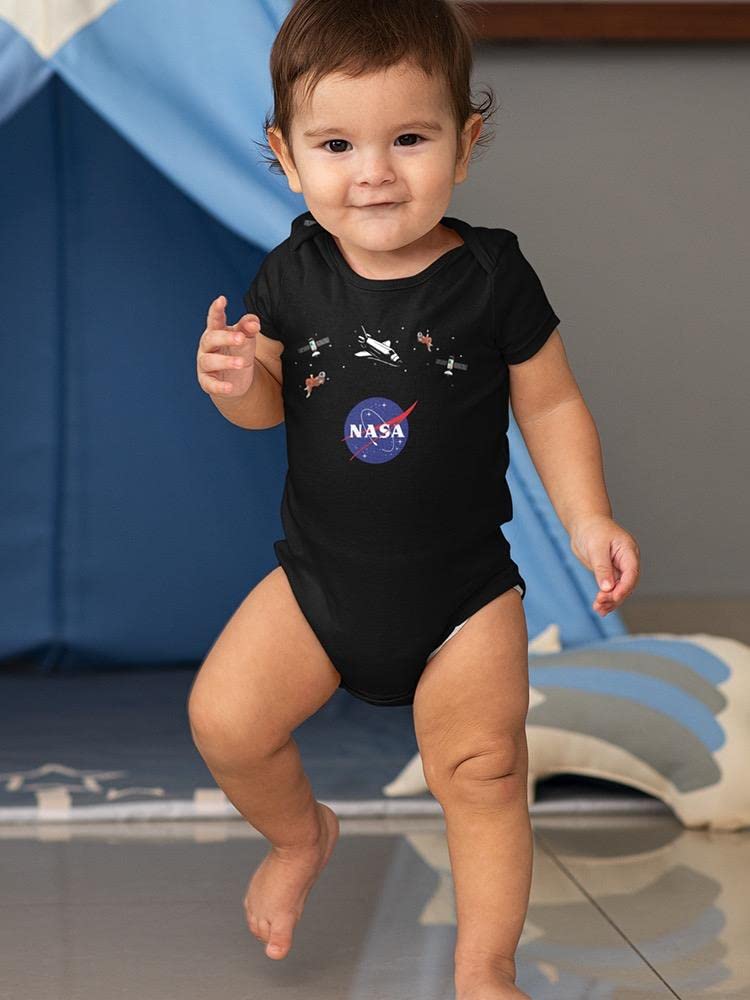 NASA Logo Floating Objects Baby Bodysuit - Black Newborn Onesie for Space Enthusiasts - Perfect for Astronaut-Themed Parties & Photo Shoots